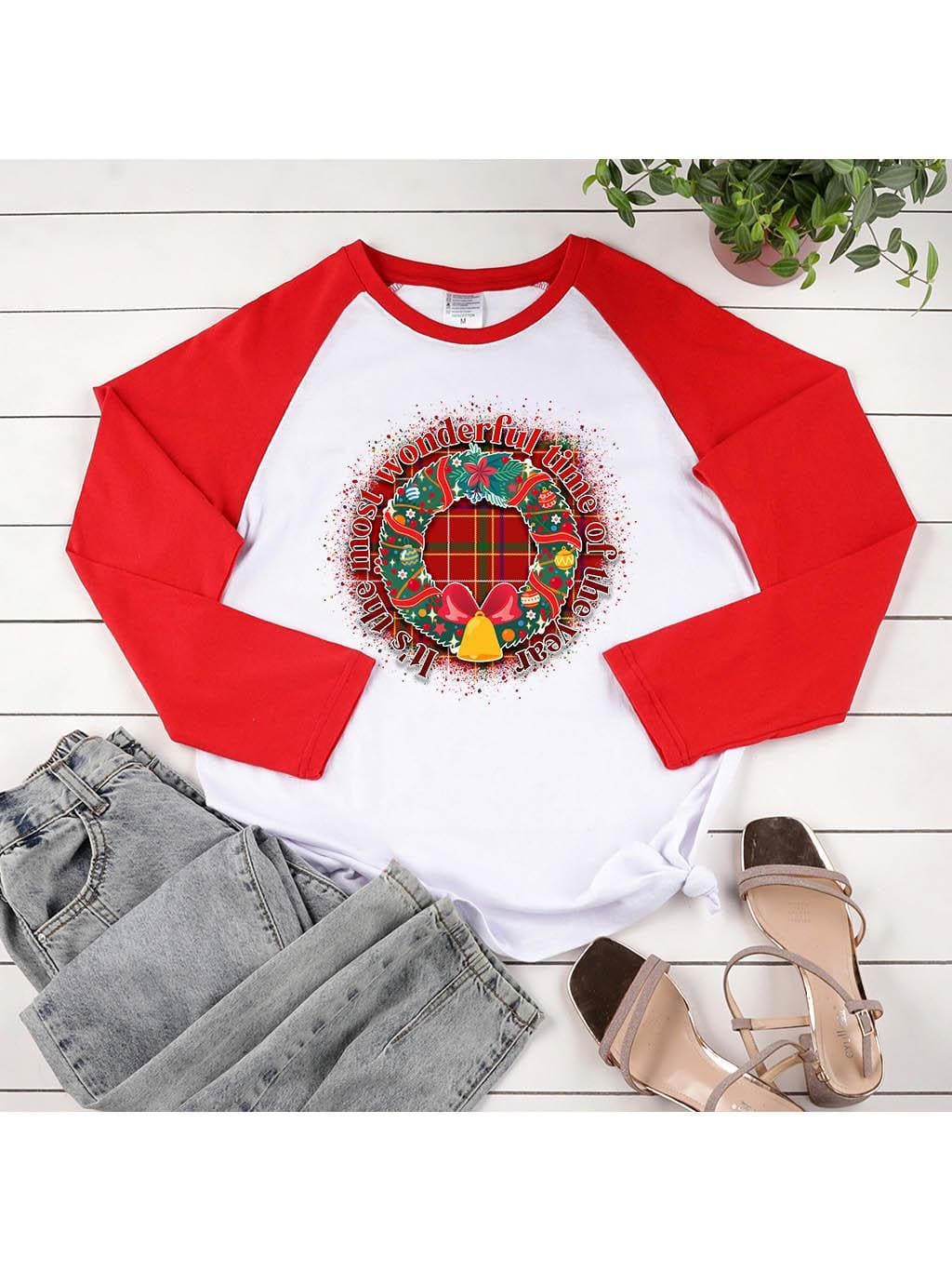 Lovevop Christmas Wreath Print Casual Long Sleeve T-Shirt for Women - Festive Holiday Top for Christmas Parties, Family Gatherings & Winter Outfits
