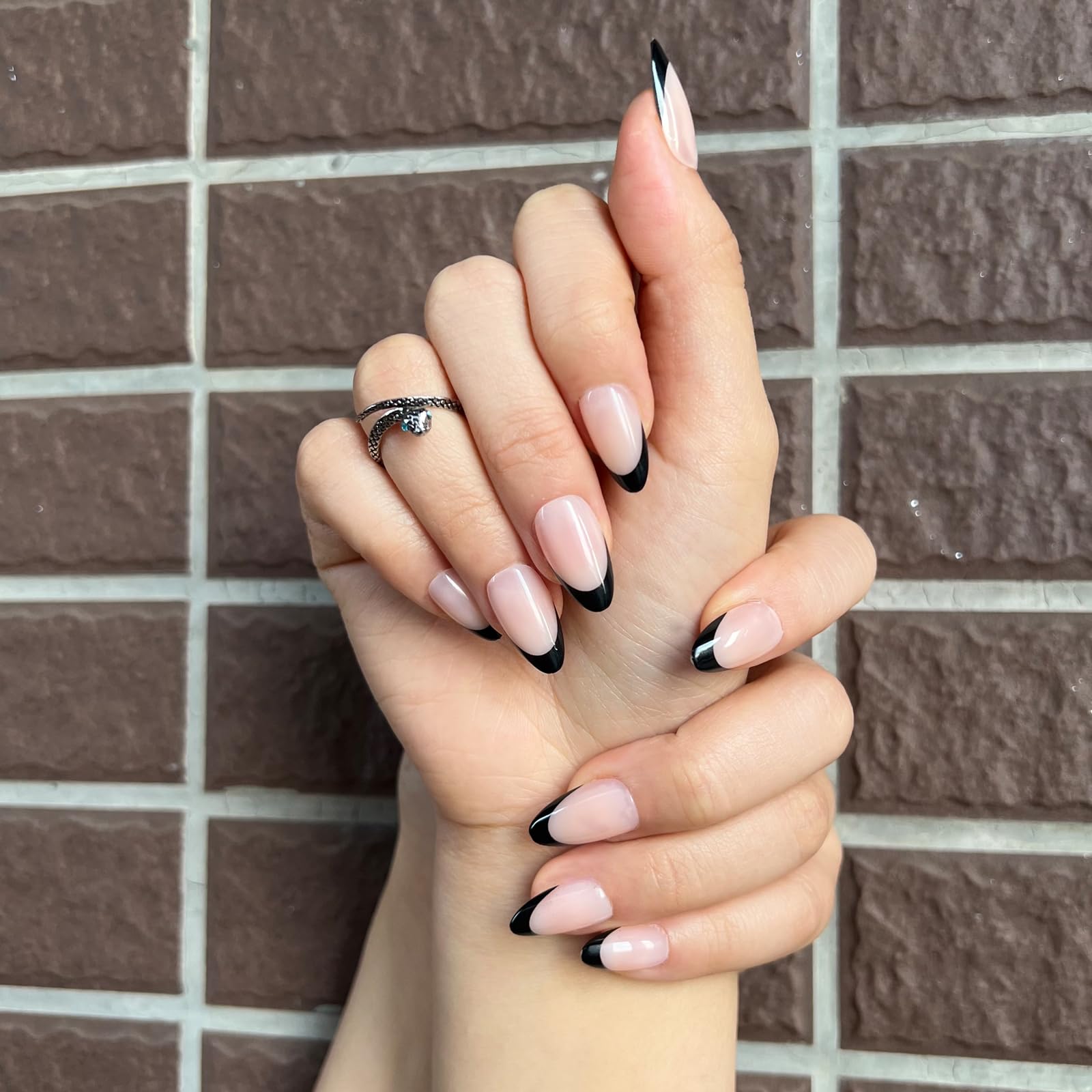 French Tip Press On Nails Almond Shape - Short Reusable Fake Nails Kit for Women (30 Pcs, Black French 120) - 15 Sizes, Natural Look, Easy Glue On - Perfect for Parties, Weddings & Everyday Wear