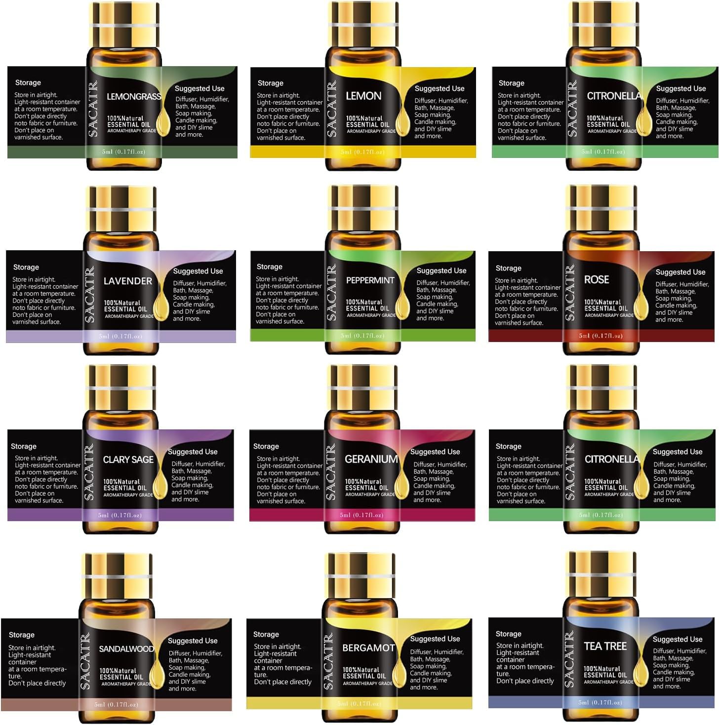 SACATR Natural Essential Oils Set - 12 Bottles (5ml Each) for Aromatherapy, Diffuser, Massage, DIY Candle & Soap Making | Lavender, Peppermint, Eucalyptus & More | Perfect for Home Spa, Relaxation & Gifts
