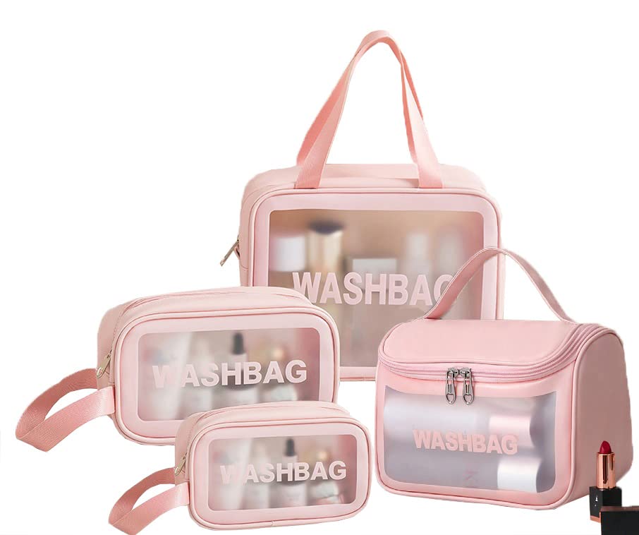 Trendegic 4-Pack Clear PVC Zipper Cosmetic Travel Wash Bag - Waterproof Toiletry & Makeup Organizer Pouch for Women & Girls (Pink) - Perfect for Travel, Gym, Camping & Daily Storage