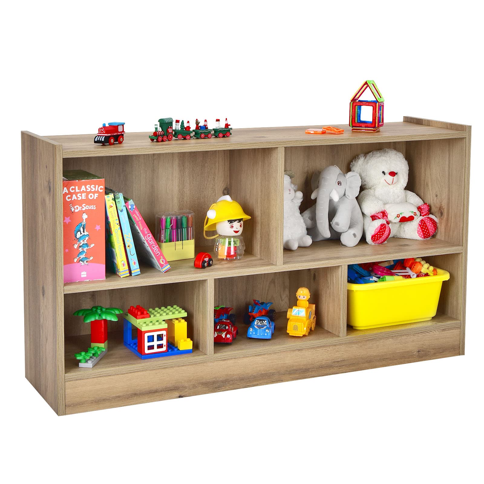 HONEY JOY 5-Section Wooden Kids Toy Storage Organizer - 2-Tier Open Shelf for Preschool, Daycare & Kindergarten - Natural Wood Book & Toy Display for Classroom, Playroom, Nursery - Perfect for Organizing Toys, Books and Learning Materials in Educational Spaces