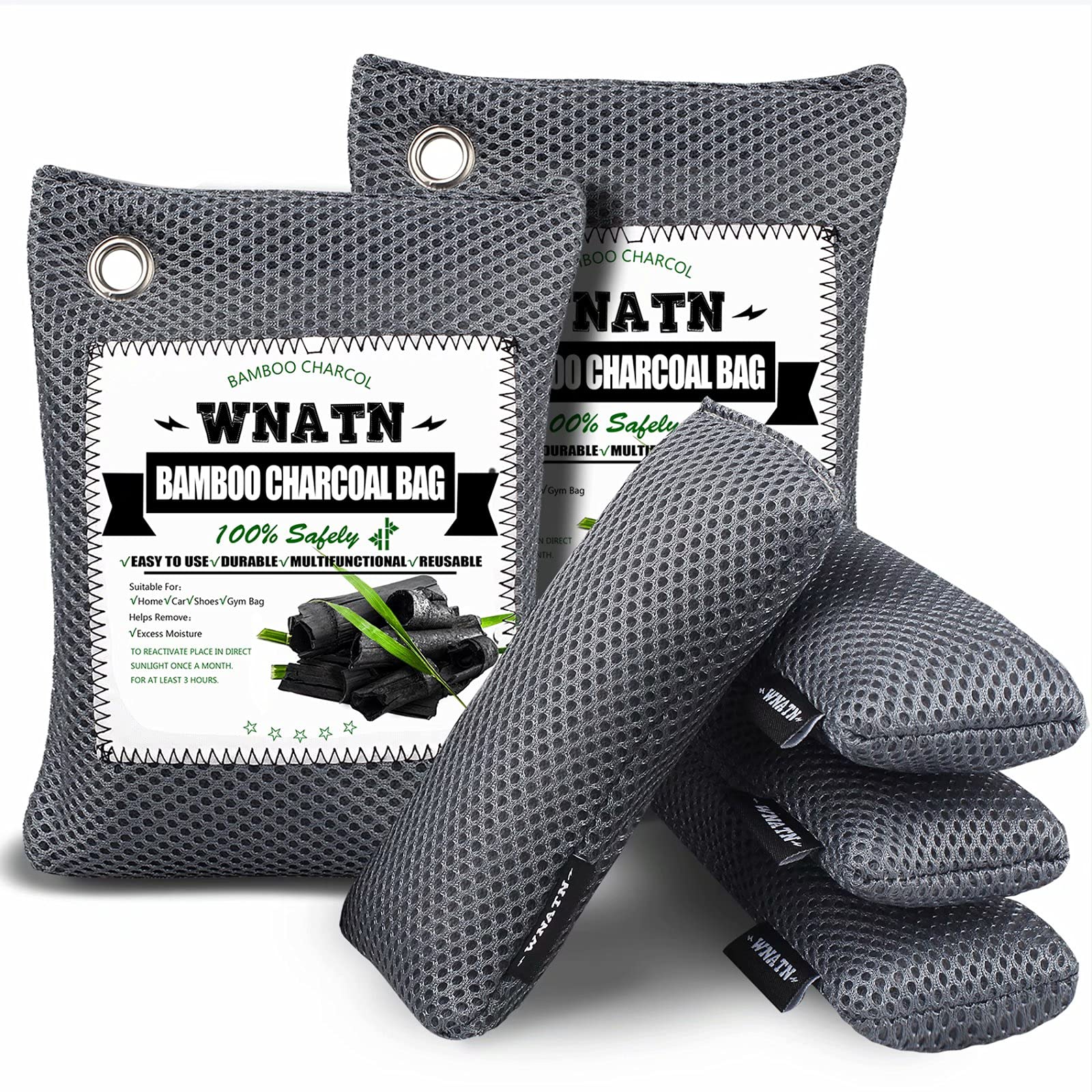 Natural Bamboo Charcoal Air Purifying Bags - 6 Pack for Odor Removal, Moisture Absorbing & Closet Freshener - Ideal for Home, Car, Shoe, and Pet Areas