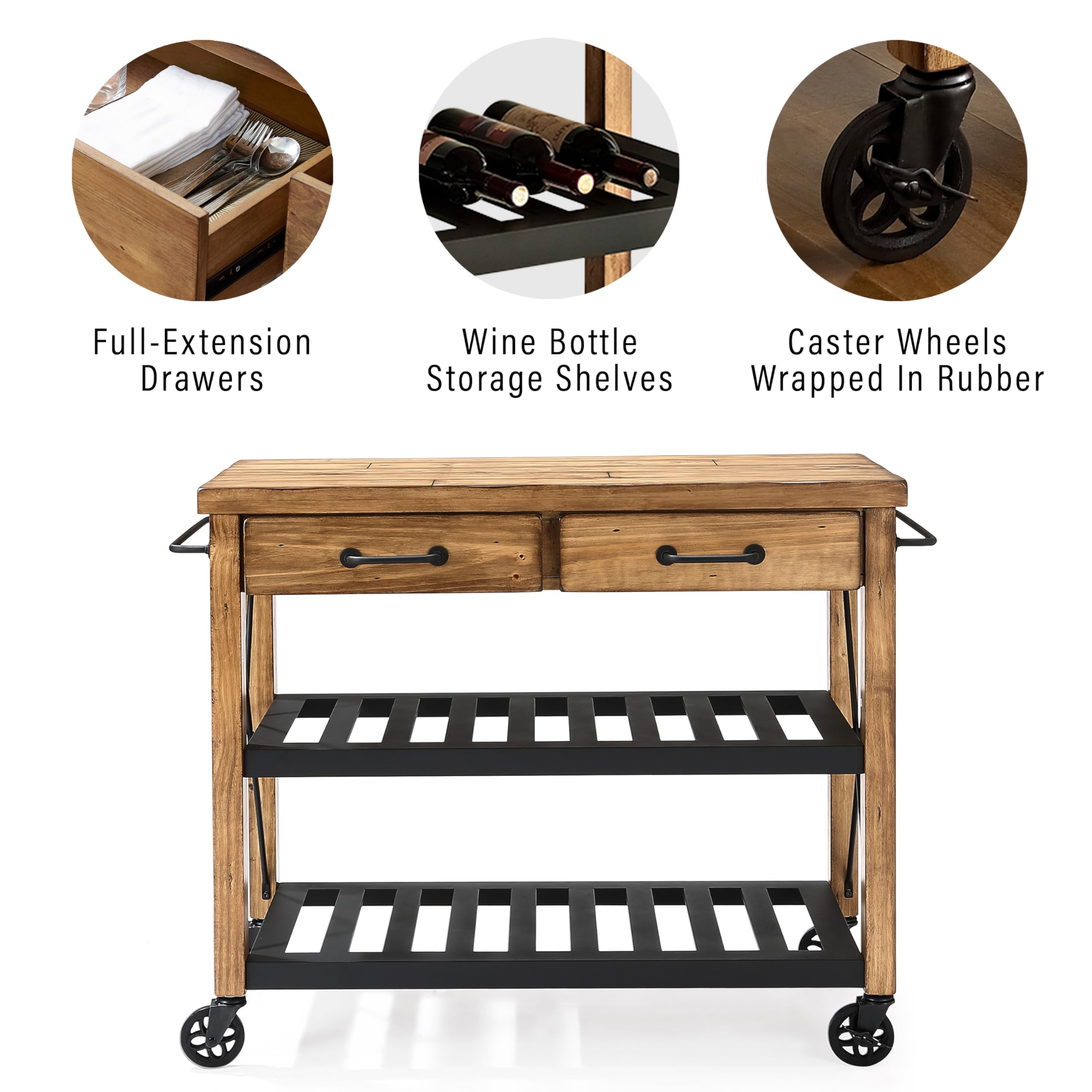 Crosley Furniture Roots Rolling Cart & Kitchen Island - Microwave Stand with Storage Shelves & Drawers, Natural Wood - Perfect for Small Kitchen, Pantry Organization & Mobile Serving Station