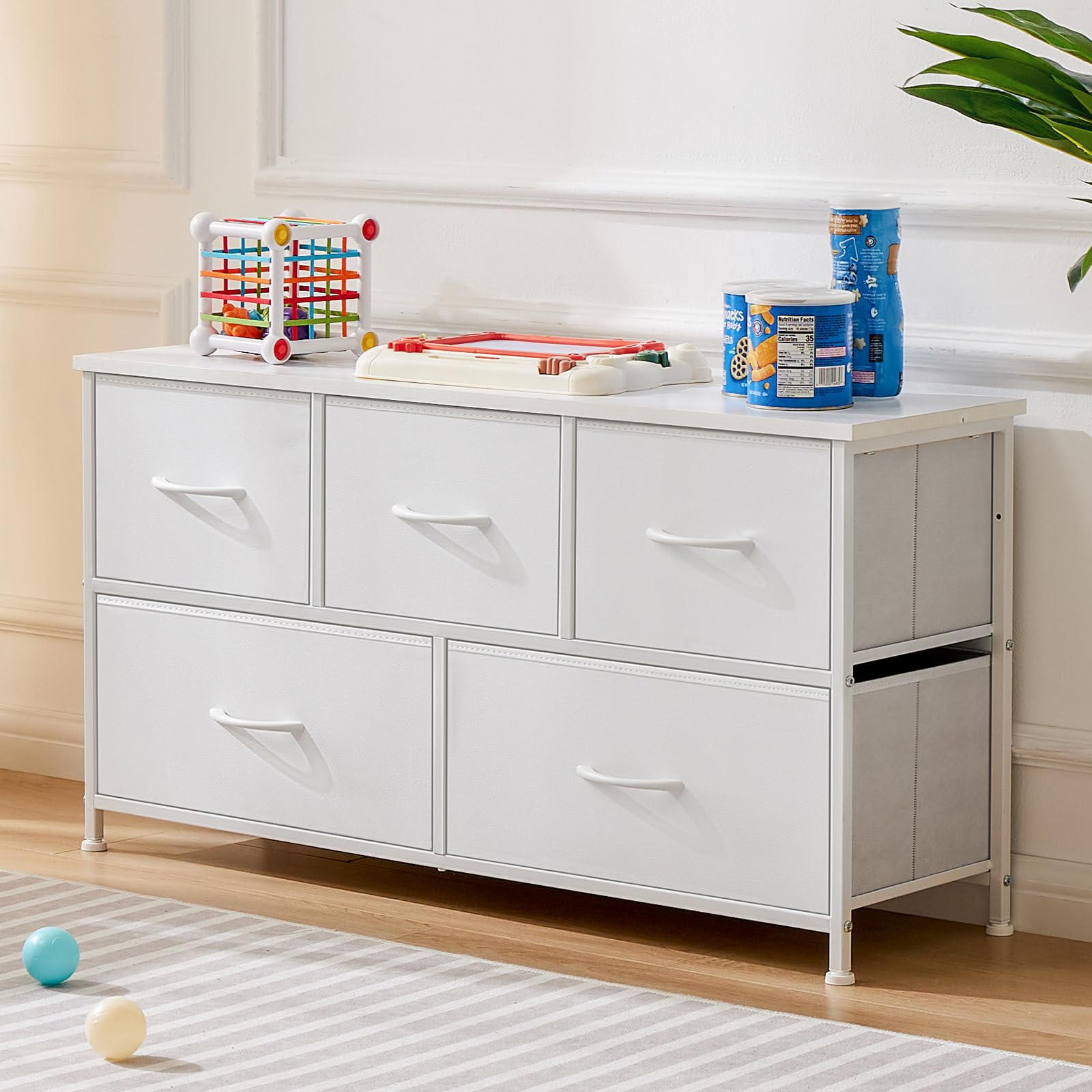 DUMOS 5-Drawer Dresser for Bedroom - Wooden Top Storage Organizer with Fabric Bins & Metal Frame - Nursery, Living Room, Kids Room, Closet Furniture - Perfect for Home Organization & TV Stand (Brown)