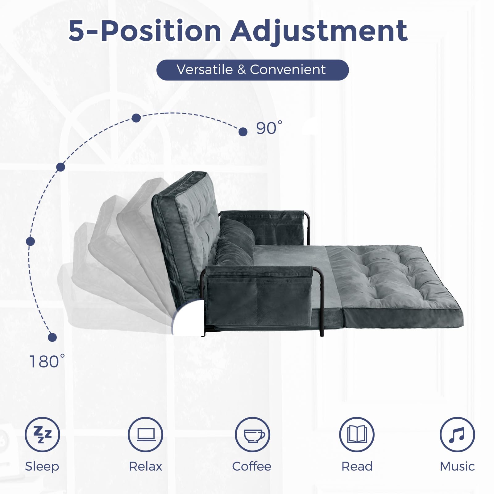 MAXYOYO Adjustable Floor Sofa Couch - Velvet Convertible Lazy Sofa Sleeper Bed with Pillows & Armrest, Double Size in Dark Grey | Perfect for Small Spaces, Living Rooms & Guest Beds