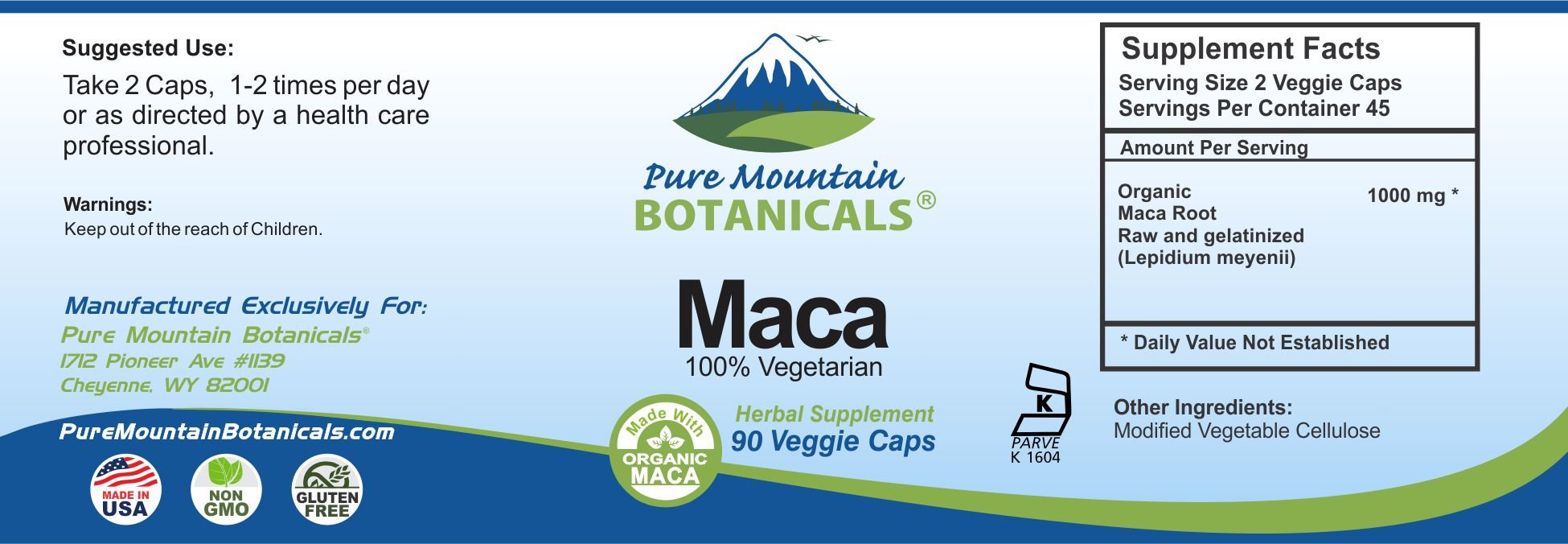 Pure Mountain Botanicals Organic Maca Root Capsules 1000mg - Vegan, Kosher, Non-GMO, Raw & Gelatinized Maca Supplement for Energy, Hormone Balance & Stress Relief - Perfect for Smoothies, Workouts & Daily Wellness