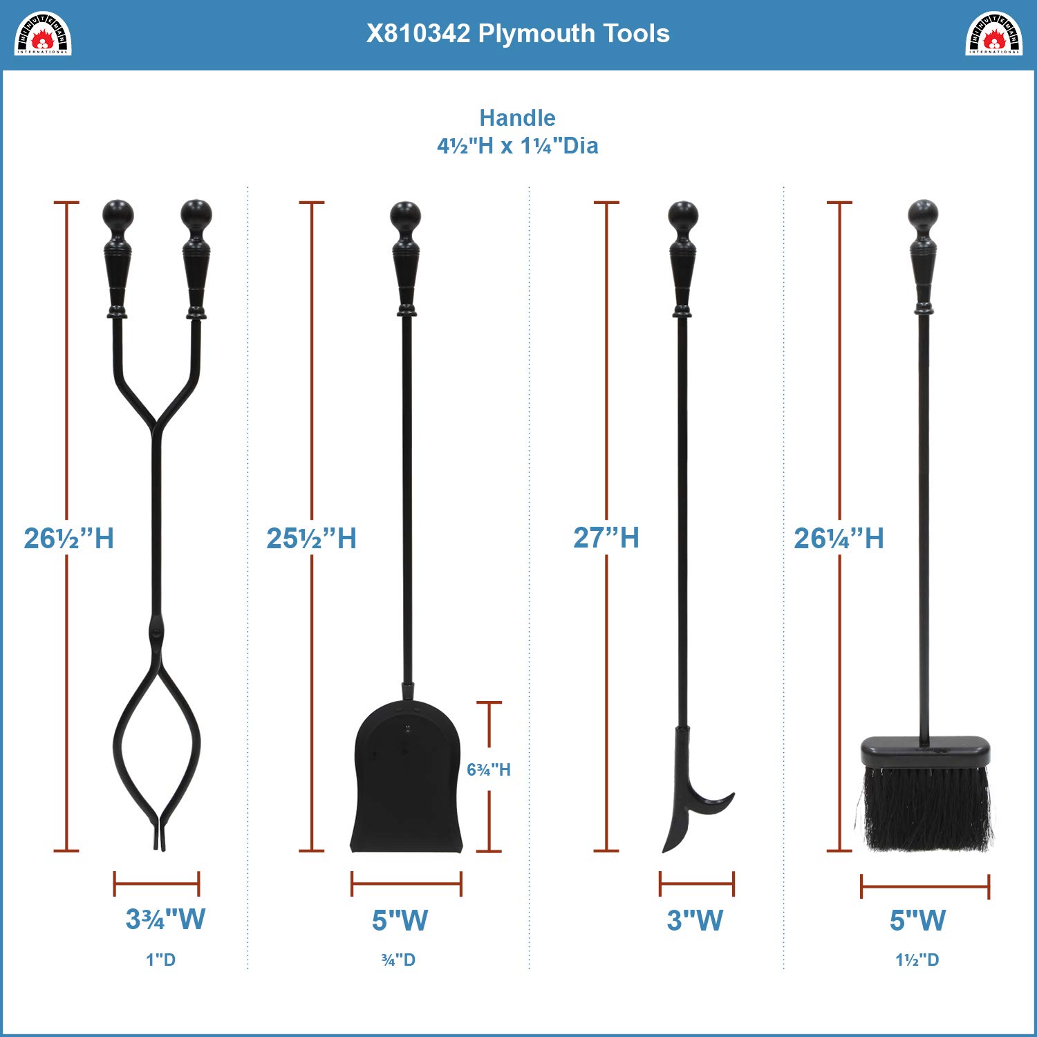 Plymouth 5-Piece Fireplace Tool Set with Square Base - Durable Fireplace Accessories for Home & Outdoor Fire Pits