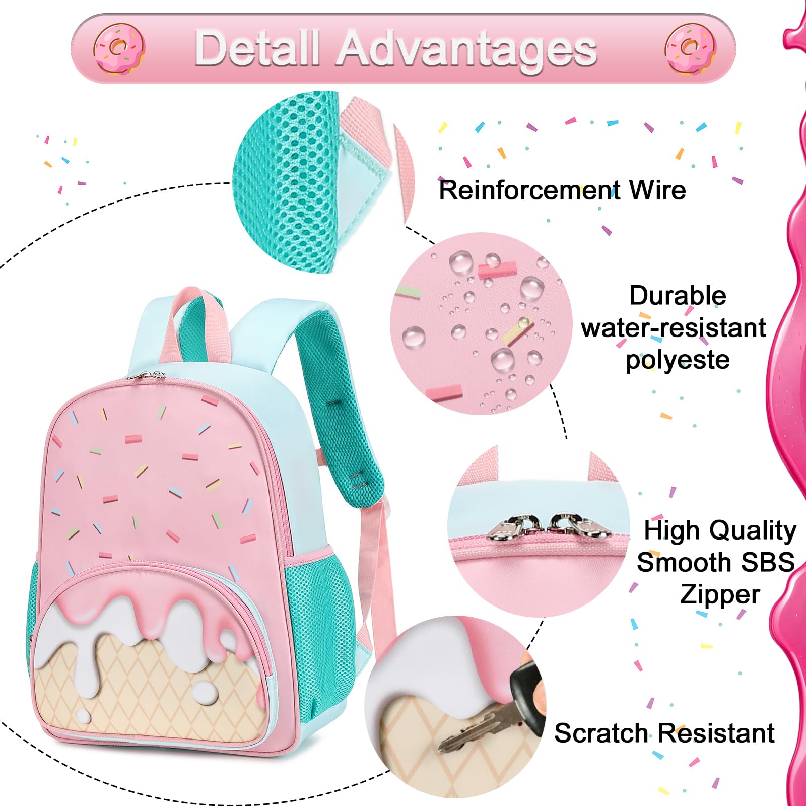 BTOOP Cute Ice Cream Themed Toddler Backpack for Girls - Lightweight Preschool & Kindergarten School Bag with Adjustable Straps - Perfect for Daycare, Travel, and Everyday Use