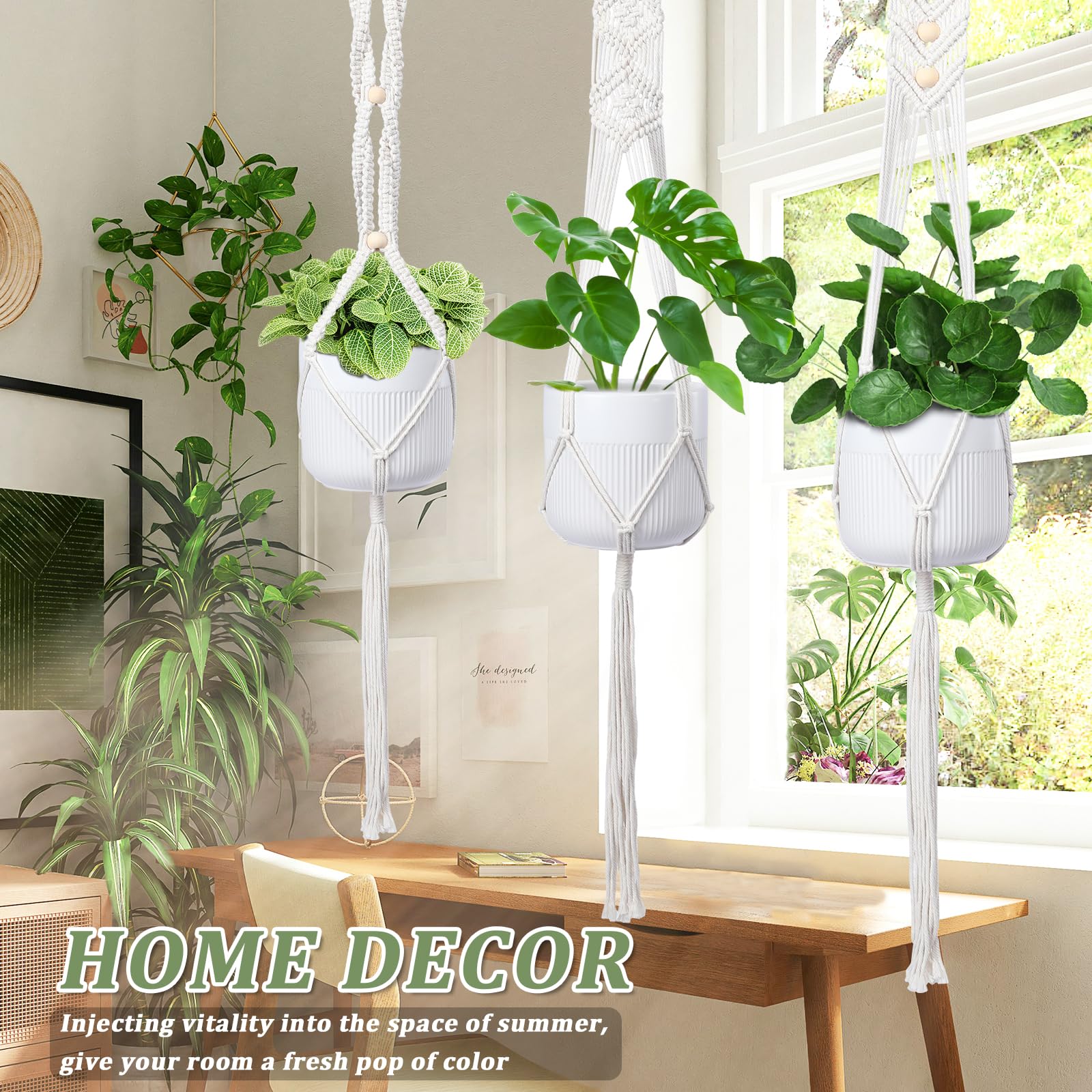 3-Pack Macrame Plant Hangers for Indoor & Outdoor Plants - Bohemian Style Wall Hanging Planter with Wood Bead Decor - Perfect for Home, Office, Balcony & Garden Decor (Pots Not Included)