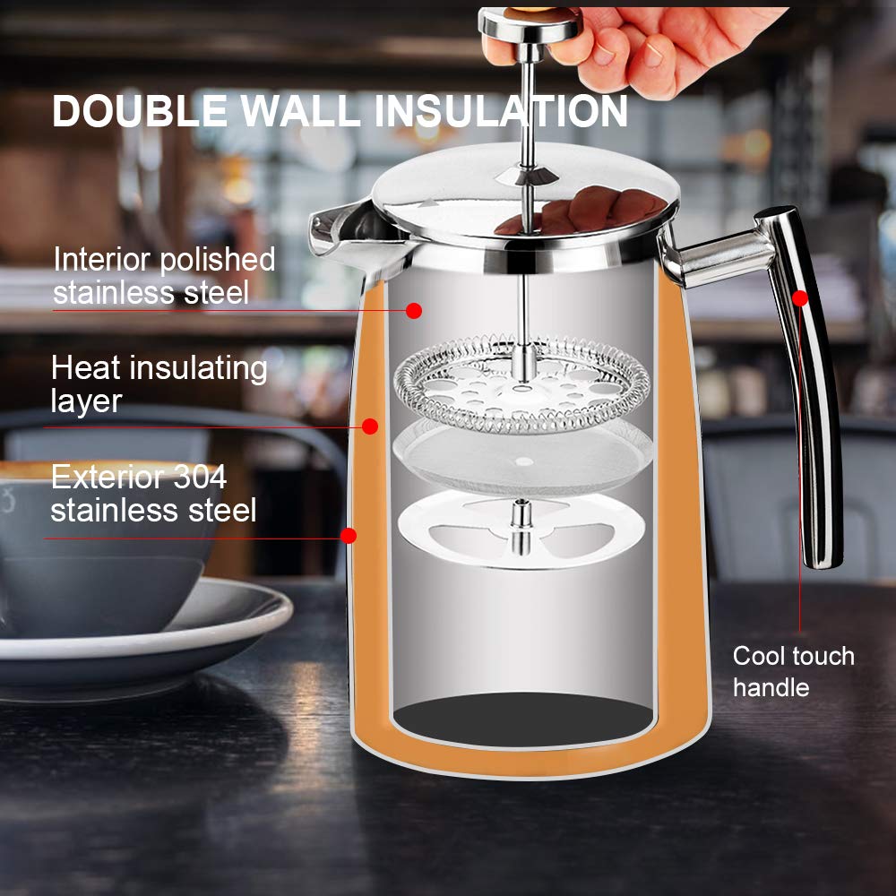 Secura 50-Ounce French Press Coffee Maker - 304 Stainless Steel Insulated Coffee Press with Extra Fine Mesh Filter - Perfect for Home, Office & Camping Brewing