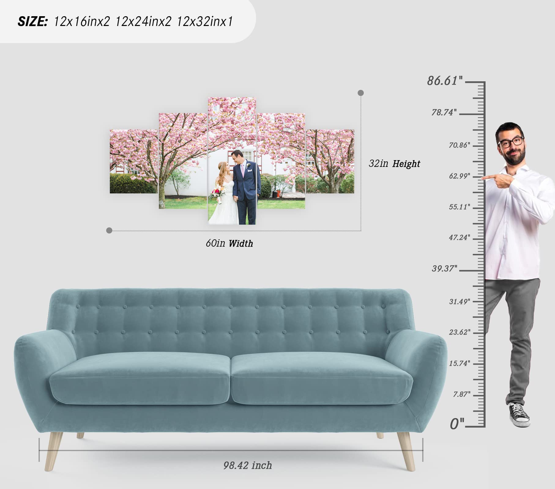 Custom 5 Panel Wall Art - Personalized Canvas Prints with Your Photos | Customized Poster Gifts & Picture Painting | Ready to Hang Wall Decor (12x16in x2, 12x24in x2, 12x32in x1) for Living Room, Bedroom & Office