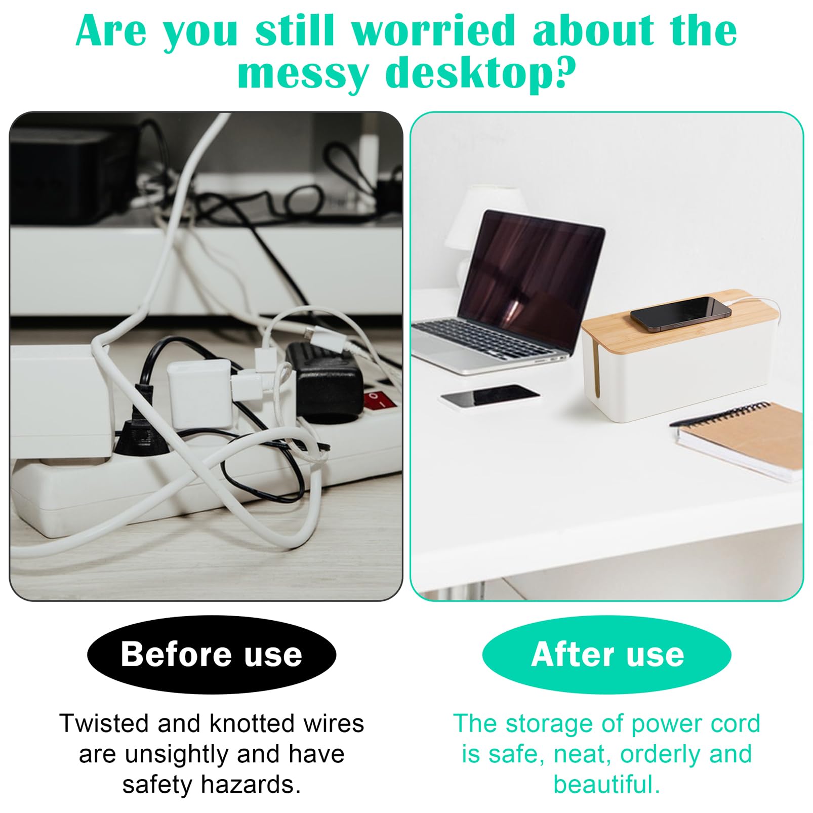 White Cable Organizer Box with Bamboo Lid - Cord Management Solution for Hiding Wires & Power Strips - Perfect for Home Office, Living Room & Bedroom Cable Storage