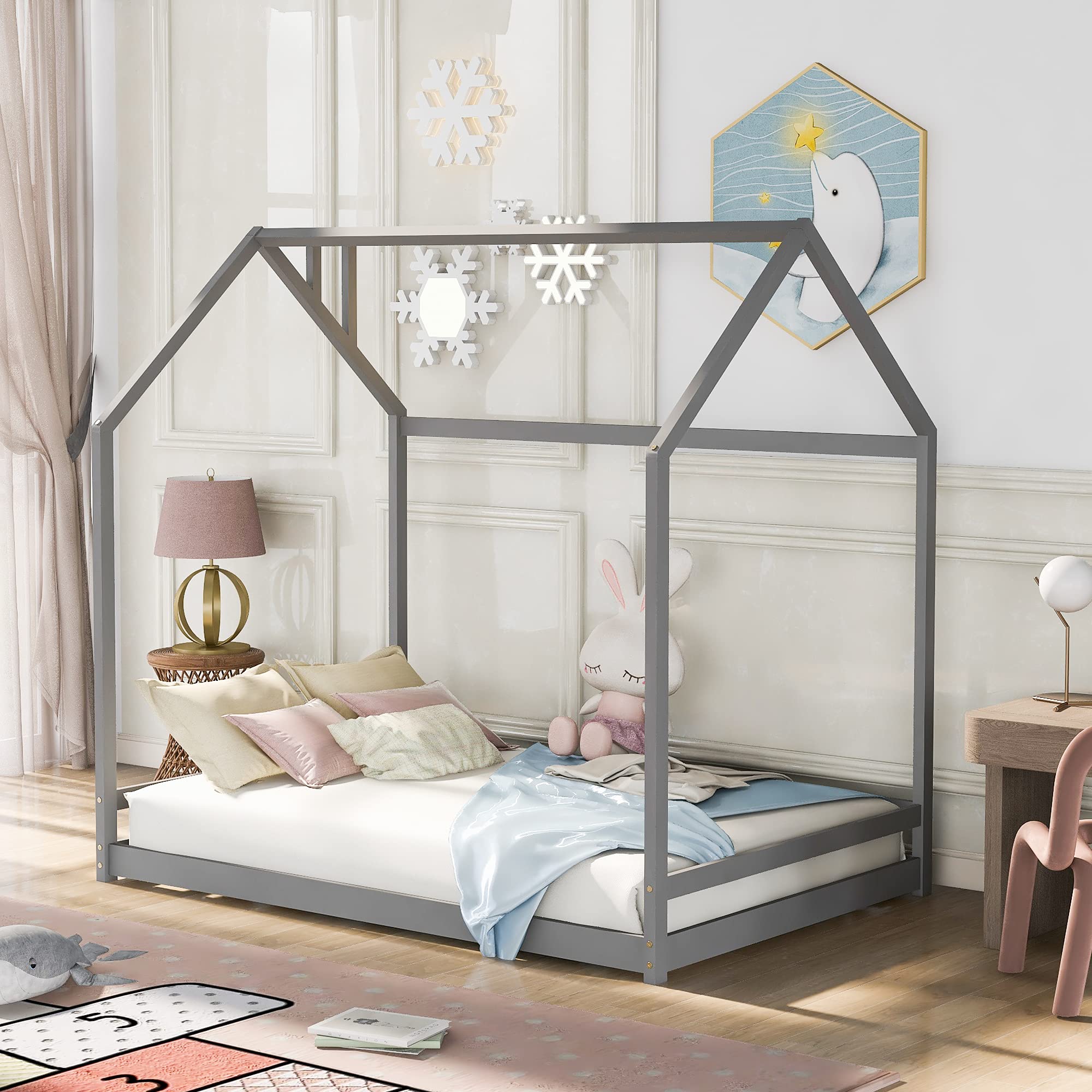 Wooden House Bed Frame for Kids - Full Size Play Tent with Roof & Wood Floor - Toddler Bedroom Furniture for Boys & Girls (Gray) | Perfect for Playrooms, Bedrooms & Indoor Adventures