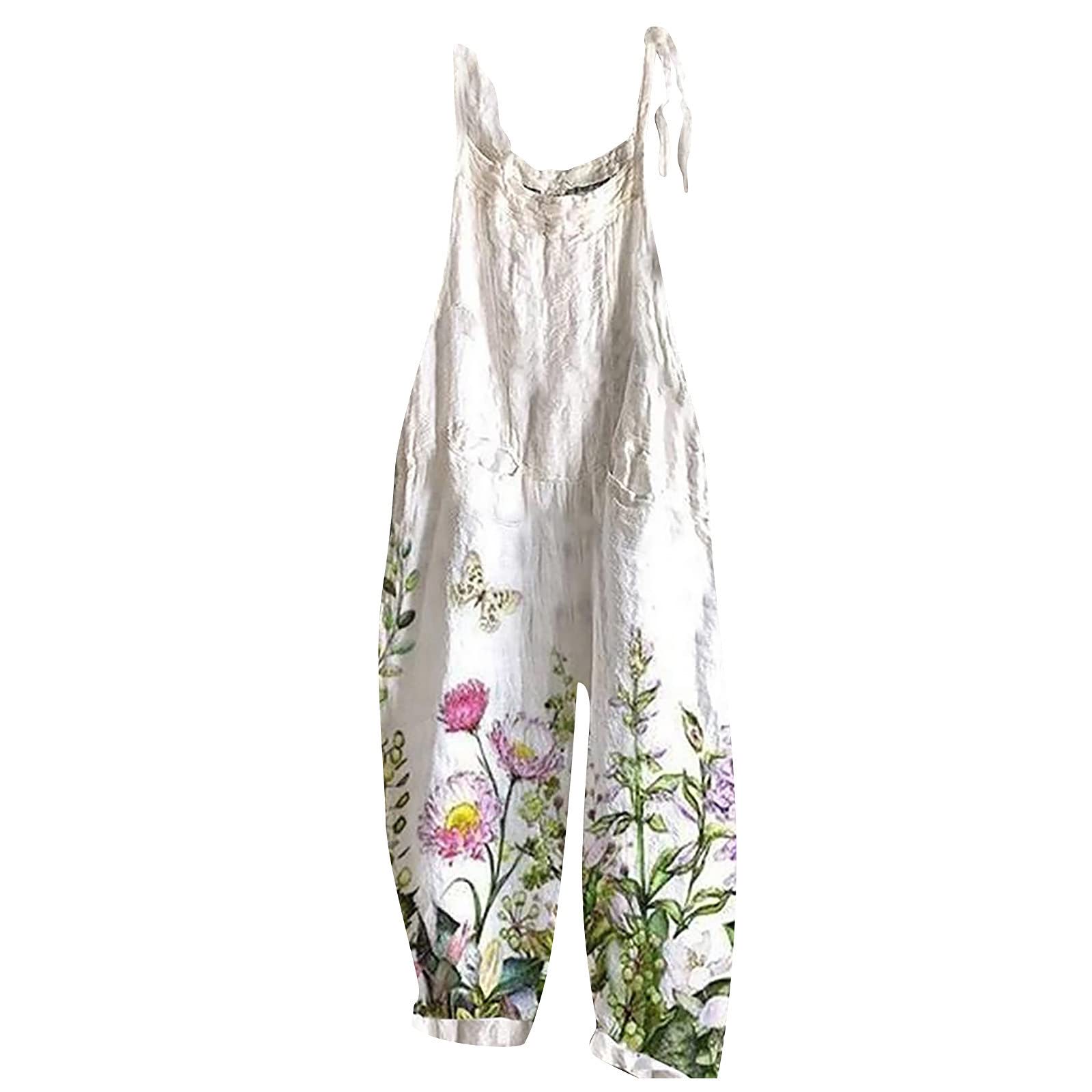 Women's Floral Cotton Jumpsuit - Sleeveless Spaghetti Strap Romper with Tie Front | Casual Summer Outfit for Beach, Party & Date Night
