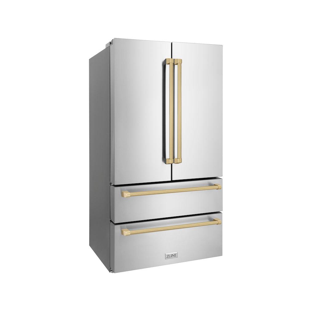 ZLINE Autograph Edition 36 Inch Counter Depth French Door Refrigerator - 22.5 cu ft Stainless Steel with Ice Maker & Champagne Bronze Handles | Fingerprint Resistant | Perfect for Modern Kitchens & Open Concept Homes (RFMZ 36 CB)
