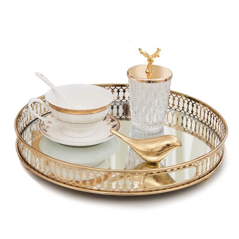 LULUDADA Large Gold Metal Handled Decorative Glass Mirror - Jewelry & Perfume Organizer, Vanity Tray for Dresser, Coffee Table, Bathroom Storage (Round) | Perfect for Bedroom Decor, Makeup Display & Gift Giving