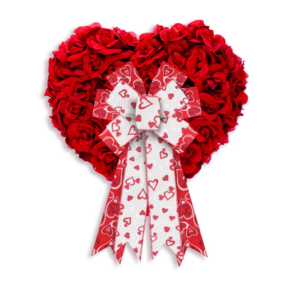 Valentine's Day Wreath Bows - Red & White Heart Burlap Ribbon Bows for Wreaths, Tree Toppers, Home Decor - Indoor & Outdoor Decoration for Valentine's Day, Weddings, Parties & Seasonal Wreath Ornaments