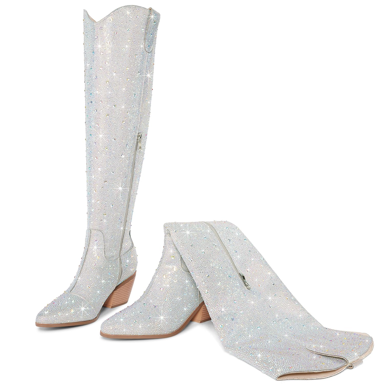 Sparkly Rhinestone Cowgirl Boots for Women - Over The Knee Western Boots with Bling, Pull-On Side Zippers, Chunky Heel & Pointed Toe (Size 5-12) | Perfect for Country Concerts, Rodeos & Fashion Outfits