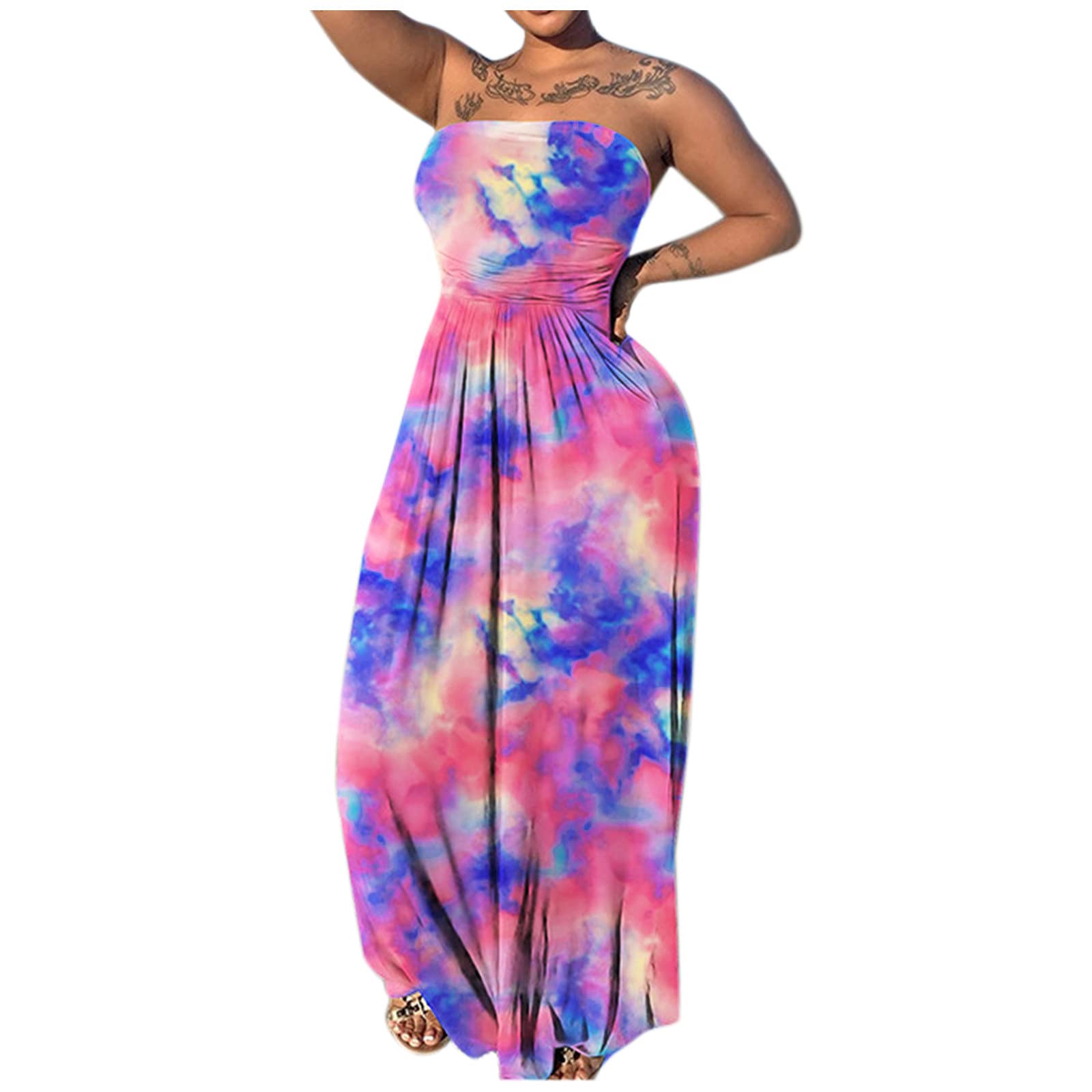 Elegant Ruched Sleeveless Tie-Front Maxi Dress for Women - Floral Print Summer Shoulder Dress - Perfect for Beach Vacations, Date Nights & Summer Parties