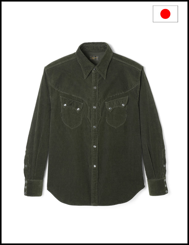 Stevenson Overall Co. CD3 Cody Snap Indigo Western Denim Shirt in Olive Corduroy - Vintage Style Workwear for Men, Perfect for Casual Outfits & Outdoor Adventures