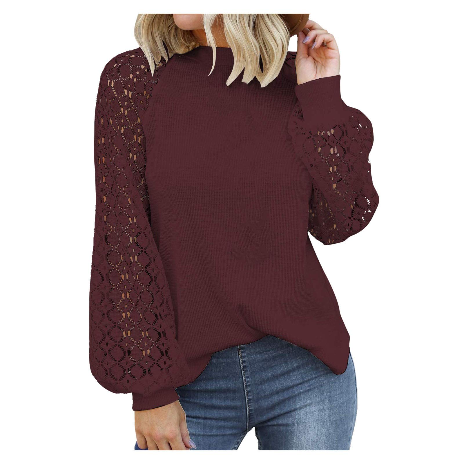 Women's White Lace Crop Top Sweater - Long Sleeve O-Neck Loose Knit Pullover for Fall & Winter | Casual Outfits, Layering, Date Nights