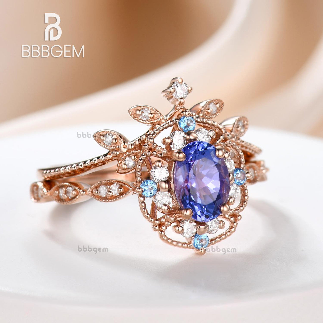 Exquisite Rose Gold Tanzanite Engagement Ring & Art Deco Diamond Wedding Ring Set for Women - Vintage Bridal Jewelry, Anniversary Gift, Proposal Present