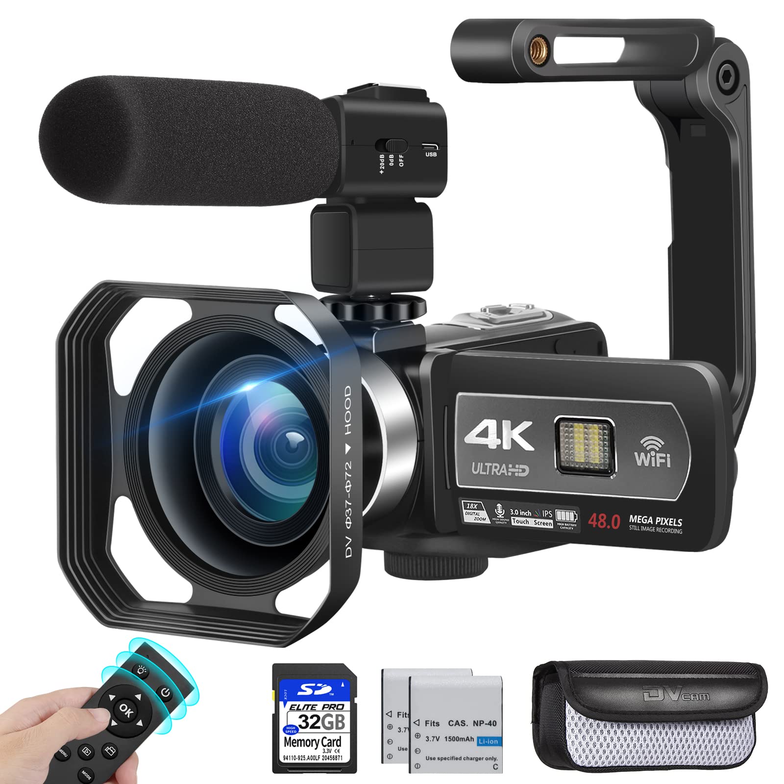 4K Video Camera Camcorder with Autofocus, 48MP 60FPS WiFi Vlogging Camera for YouTube - Includes Microphone, 2.4G Remote, 2 Batteries & 32GB SD Card - Perfect for Travel Vlogging, Live Streaming & Home Movies