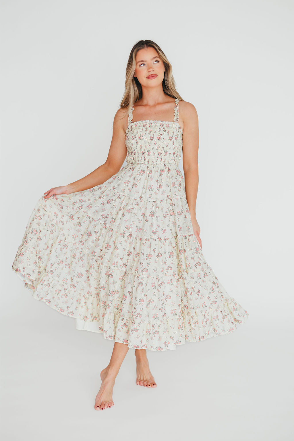 Ryan Ruffle Midi Dress with Embroidered Floral Detail - Cream & Pink Summer Dress for Women | Perfect for Weddings, Garden Parties & Date Nights