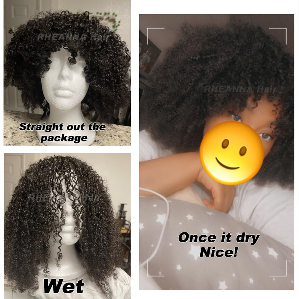 Afro Kinky Curly Human Hair Wig with Bangs for Black Women - 200% Density Virgin Brazilian Hair Short Bob Wig (18 Inch) | Perfect for Daily Wear, Cosplay & Special Occasions