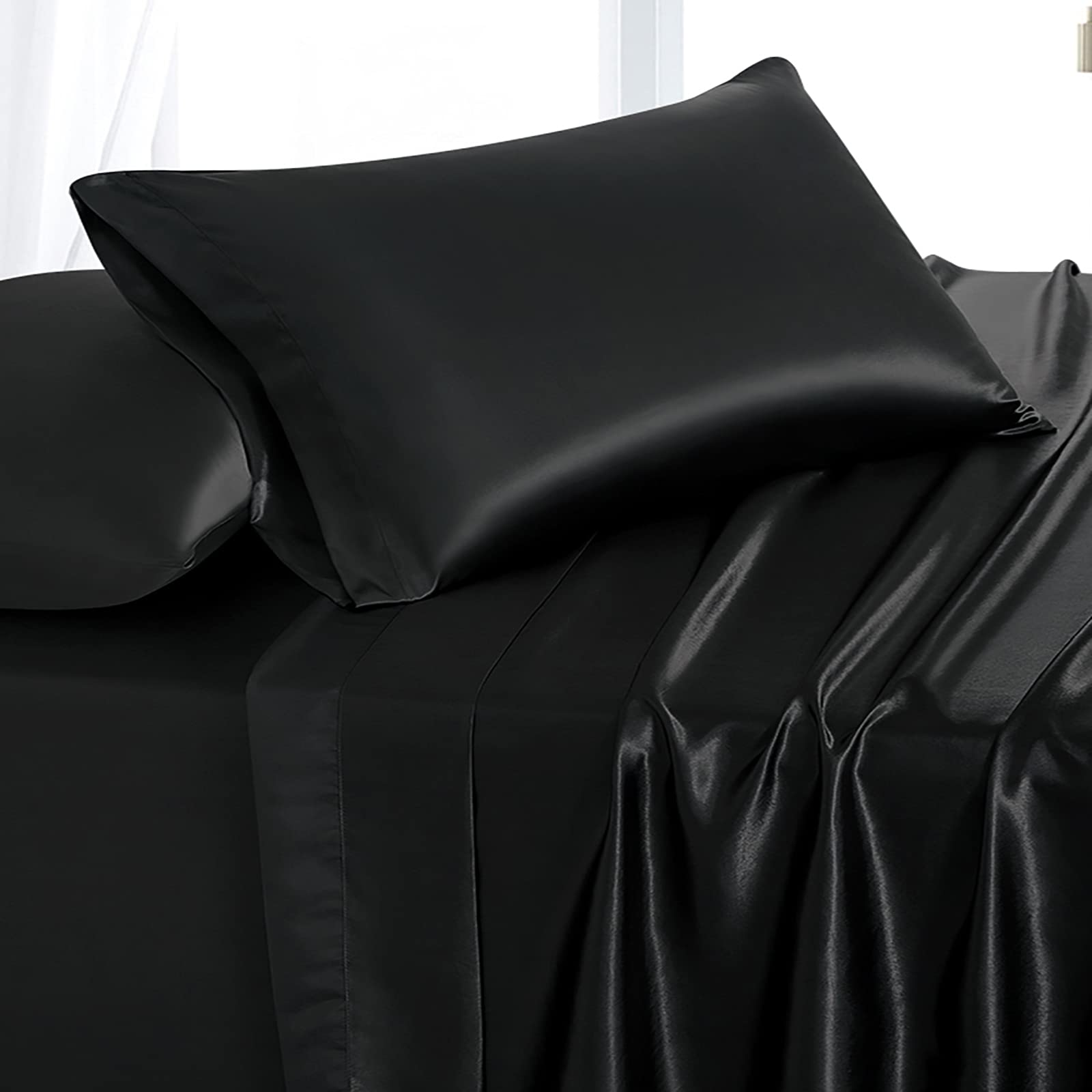 Black Satin Queen Sheet Set - 4pc Deep Pocket for Bedroom Luxury