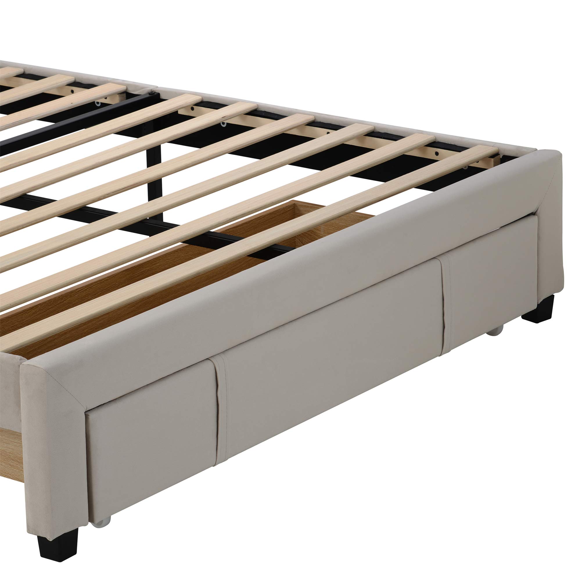 Harper & Bright Designs Queen Size Velvet Upholstered Storage Platform Bed with Large Drawer & Tufted Headboard - No Box Spring Needed, Beige - Perfect for Small Bedrooms & Modern Apartments