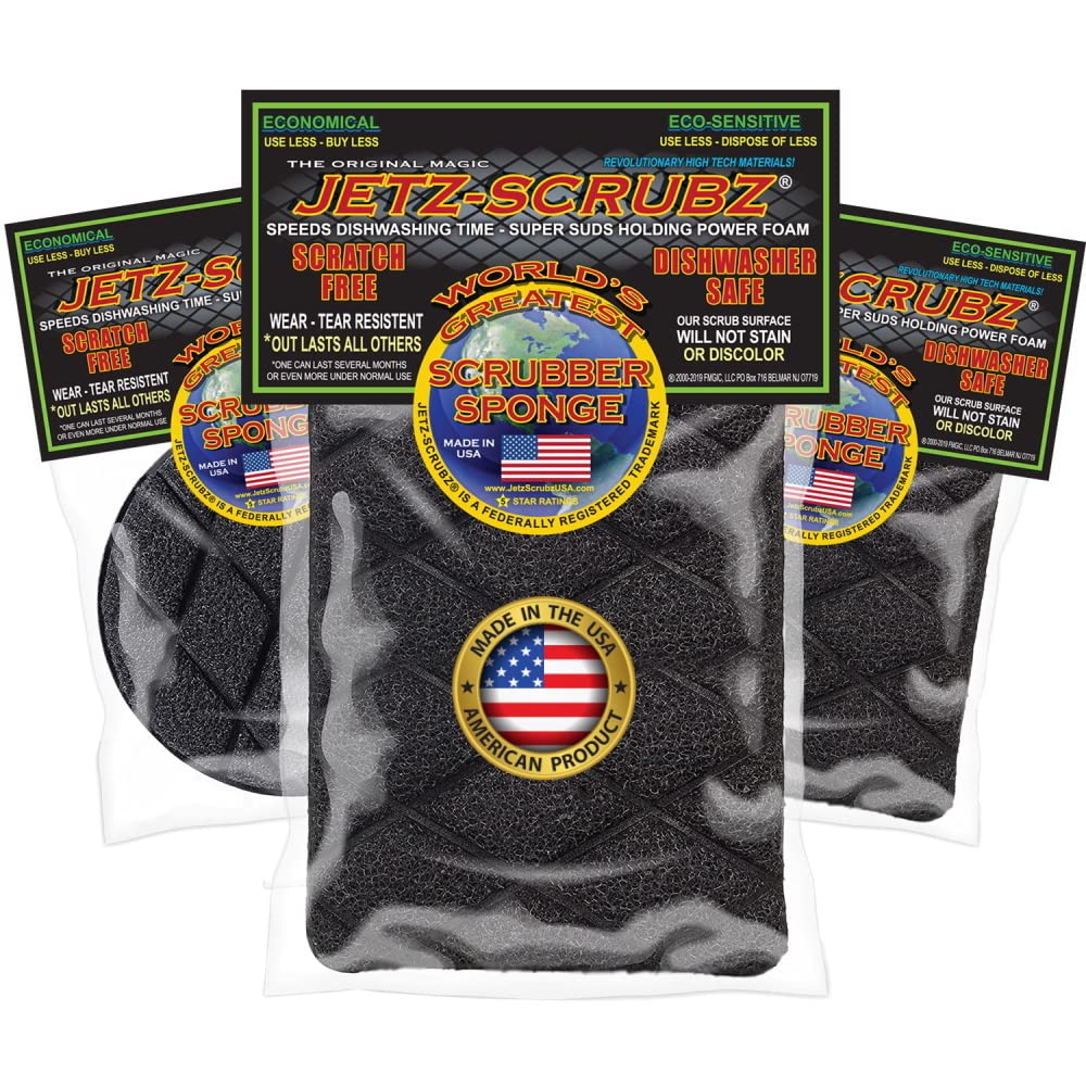 Jetz-Scrubz Trio Kitchen Scrubber Sponges - 3 Pack Non-Scratch Cleaning Sponges for Dishes, Pots & Pans - Heavy Duty Scouring Pads for Stainless Steel, Ceramic & Glass Cookware - Perfect for Kitchen Cleaning & Dishwashing