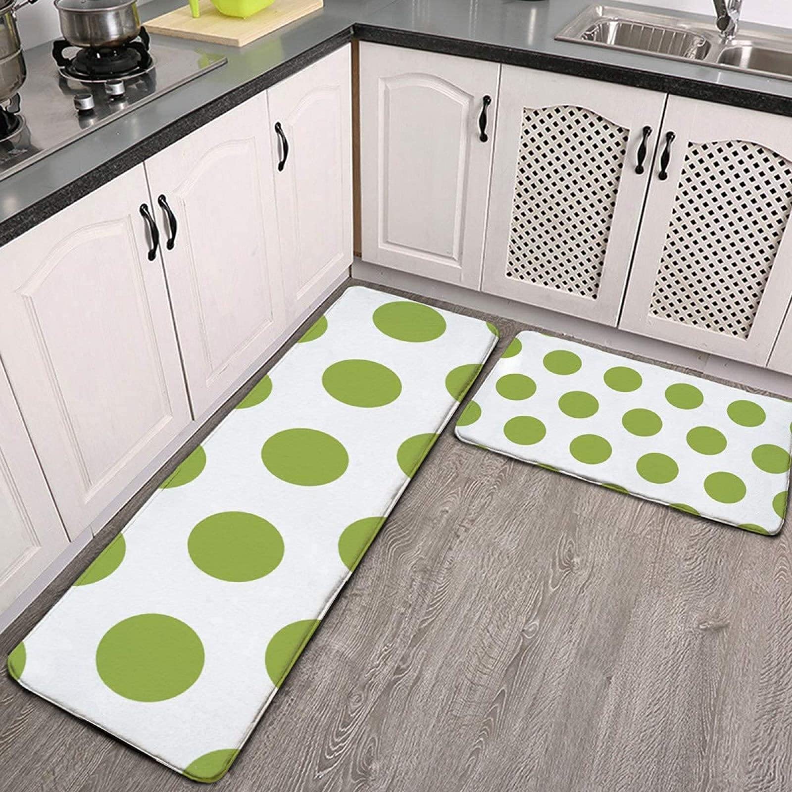 Non-Slip Kitchen Rug and Mat Set of 2 - Lime Green Polka Dots Anti-Fatigue Floor Mats with Rubber Backing, Washable Doormat Runner for Entryway, Kitchen, Bedroom (23.6
