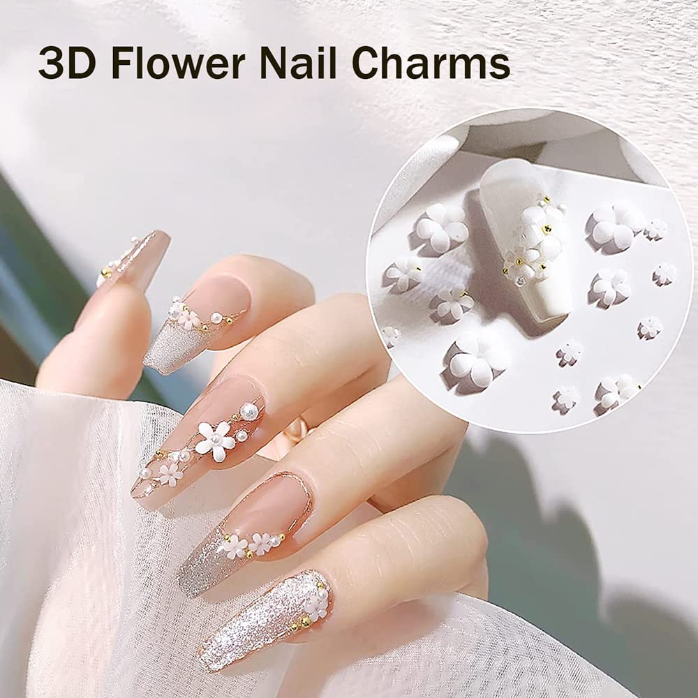 3D Acrylic Flower Nail Charms - 2 Boxes Cherry Blossom Nail Art Rhinestones with Pearls for DIY Manicure | Spring Nail Decorations for Wedding, Party & Special Occasions