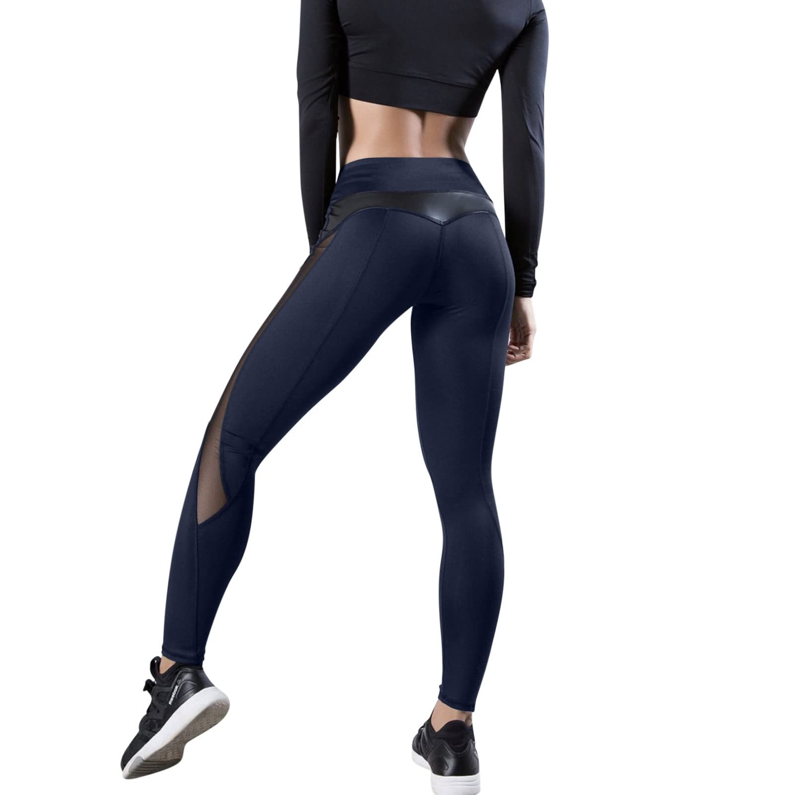 IGETELY Women's High Waist Yoga Pants with Mesh Panel - Butt Lifting, Tummy Control, Breathable Workout Leggings for Running, Gym & Lounge | Navy Blue