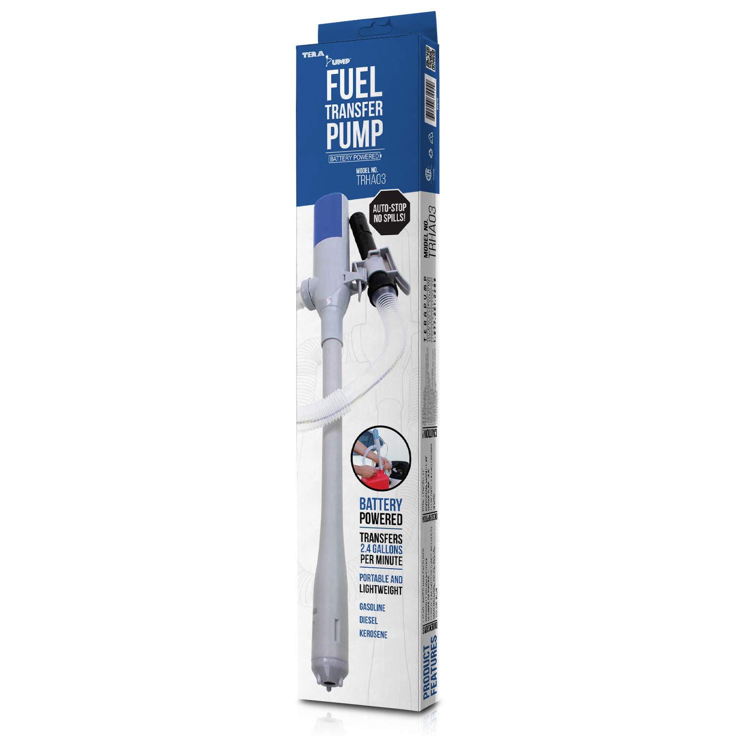 TERA PUMP TRHA03 Portable Battery Powered Transfer Pump for Water, Diesel, Gas - 9L/Min Flow Rate with Auto Stop & Leak Prevention System (2 AA Batteries Not Included) - Ideal for Draining Sinks, Tubs, Boats, RV Tanks and Emergency Fuel Transfer