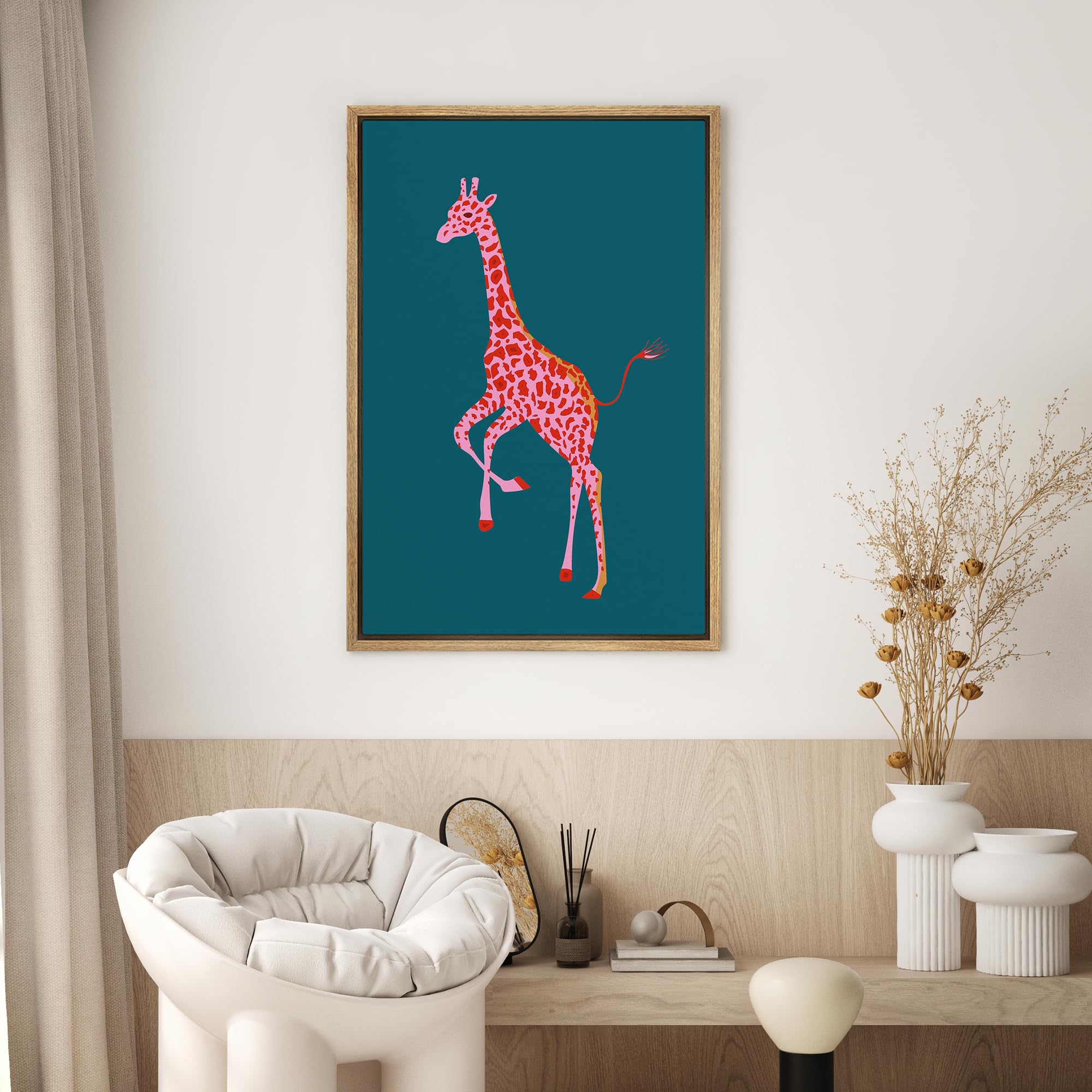 Preppy Pink African Cartoon Giraffe Framed Canvas Wall Art - 16x24 Inch Nature Wildlife Animal Portrait Boho Chic Decor for Living Room, Bedroom, Office | Perfect for Nursery, Dorm & Gift Giving
