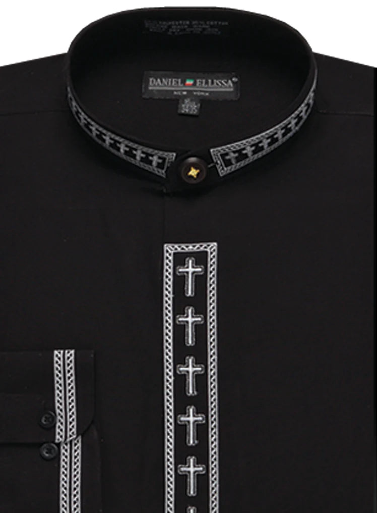 Men's Banded Collar Embroidered Casual Shirt - Black & White Slim Fit Long Sleeve Button Down for Work, Date Night & Formal Occasions