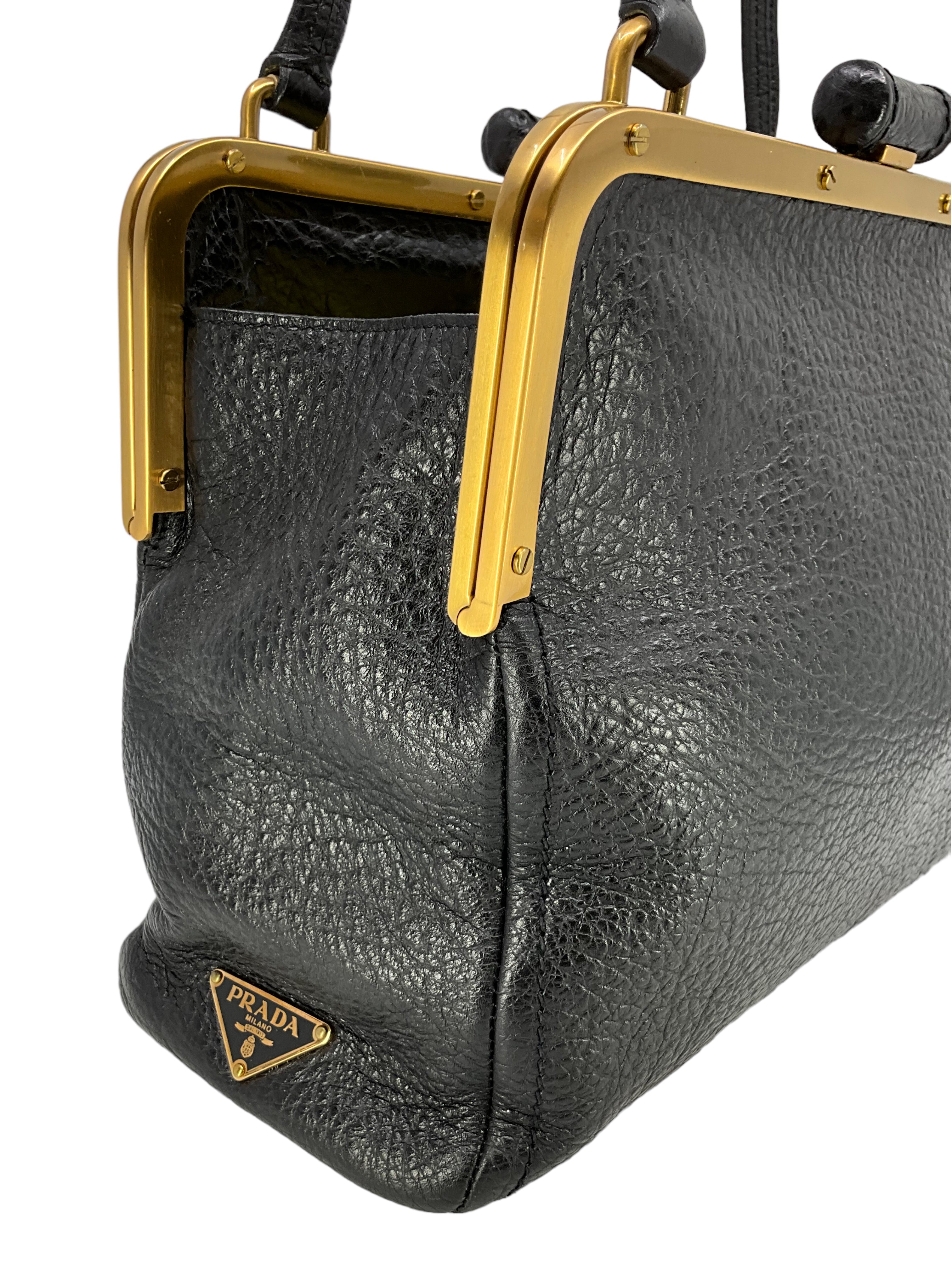 PRADA Cervo Antik Frame Bag - Luxury Leather Handbag for Women, Designer Crossbody Bag with Gold-Tone Hardware | Perfect for Work, Travel & Evening Events