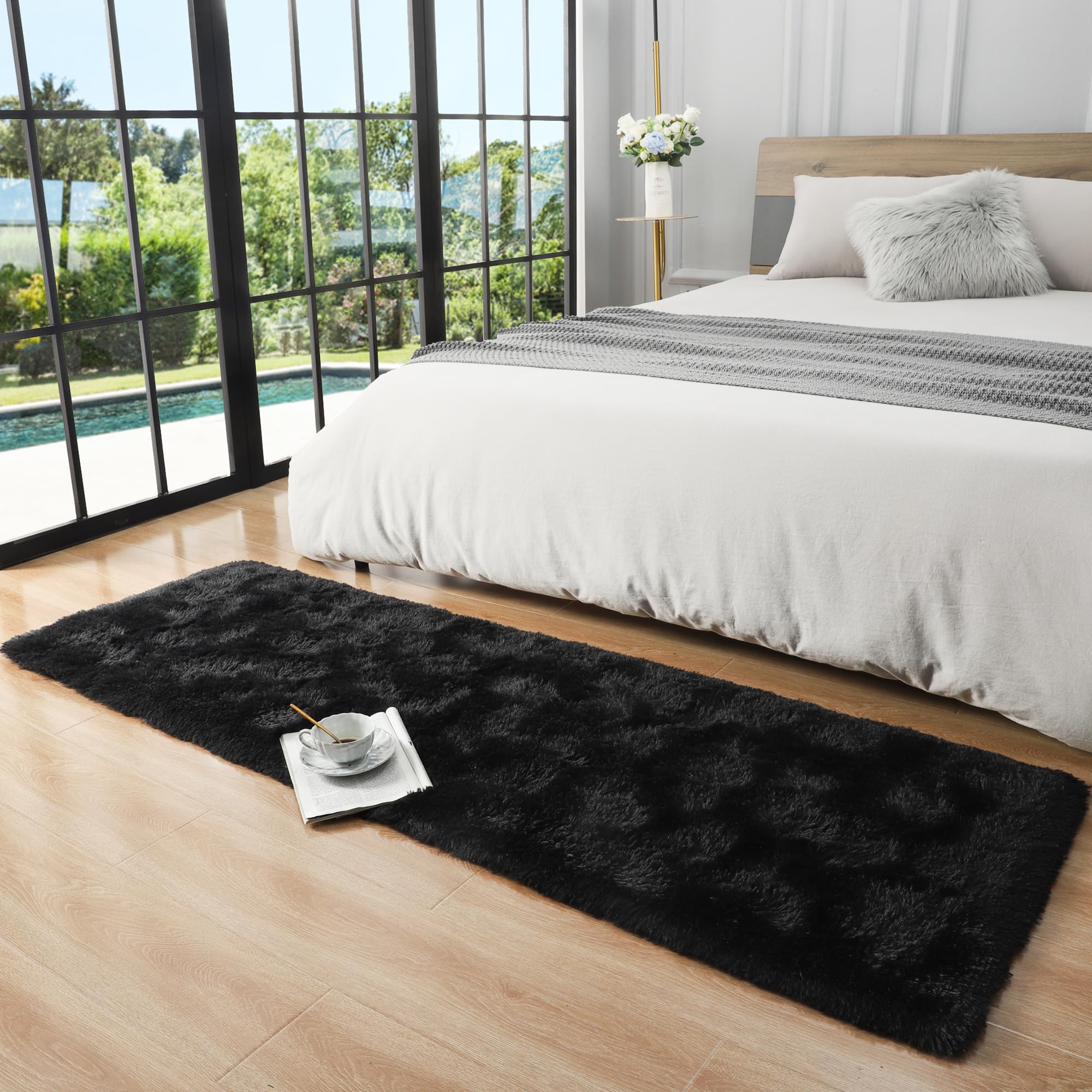 Foxmas Soft Runner Rug - 2x6 Feet Fluffy Shag Area Rug with Non-Slip Bottom for Bedroom, Living Room, Nursery, Kids Room & Dorm | Plush Carpet for Cozy Home Decor, Hallway & Bedside Use (Black)