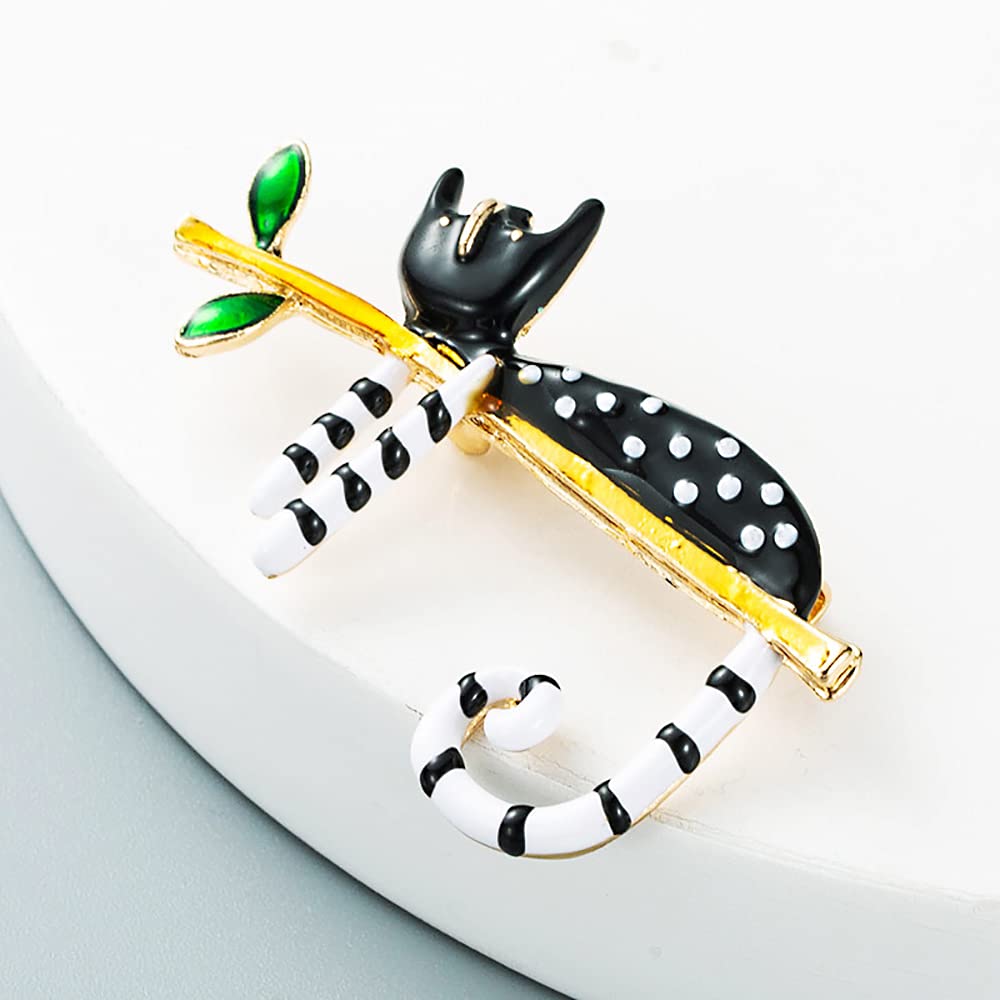 Elegant Black & White Cat Brooch Pin for Women & Teens - Fashionable Enamel Kitten Lapel Pin with Green Leaf Design - Perfect Cute Dress Accessory for Birthday, Christmas & Everyday Wear - Jewelry Gift for Cat Lovers