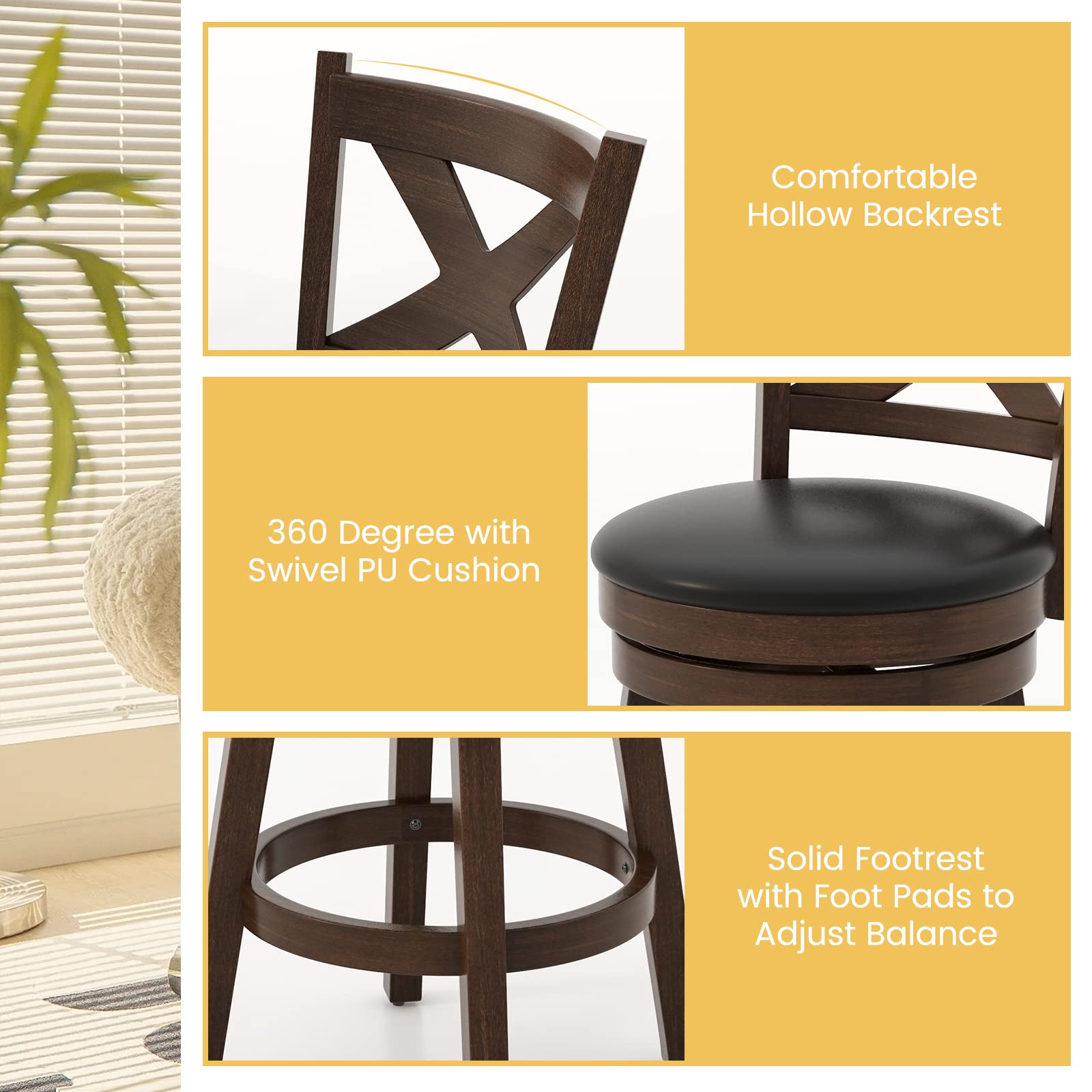 ERGOMASTER Dark Brown Swivel Bar Stools - 24 Inch Counter Height Barstool with Adjustable Seat - Modern Kitchen & Pub Stool for Home, Restaurant & Bar Use (Set of 1)