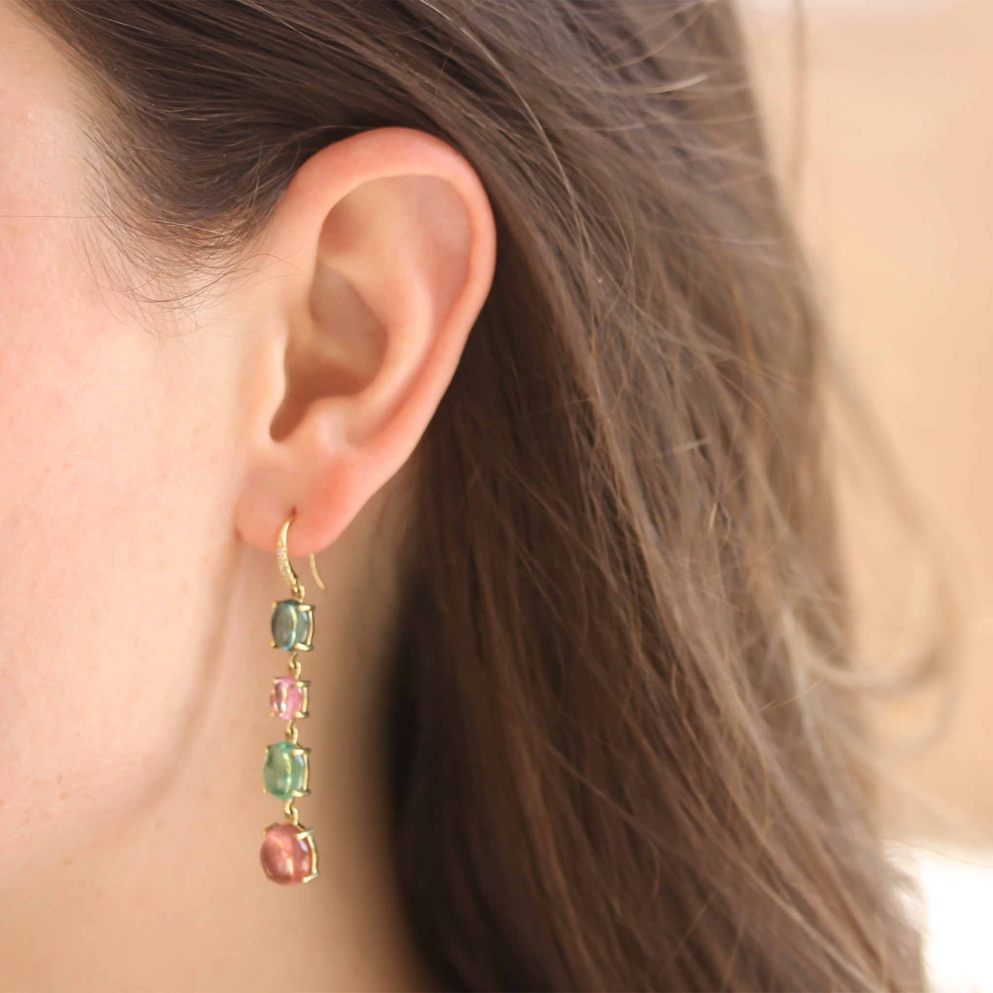 Lauren K Cabochon Pink and Green Tourmaline Joyce Earrings - Handmade Gemstone Jewelry for Women, Elegant Dangle Earrings for Party, Wedding & Special Occasions