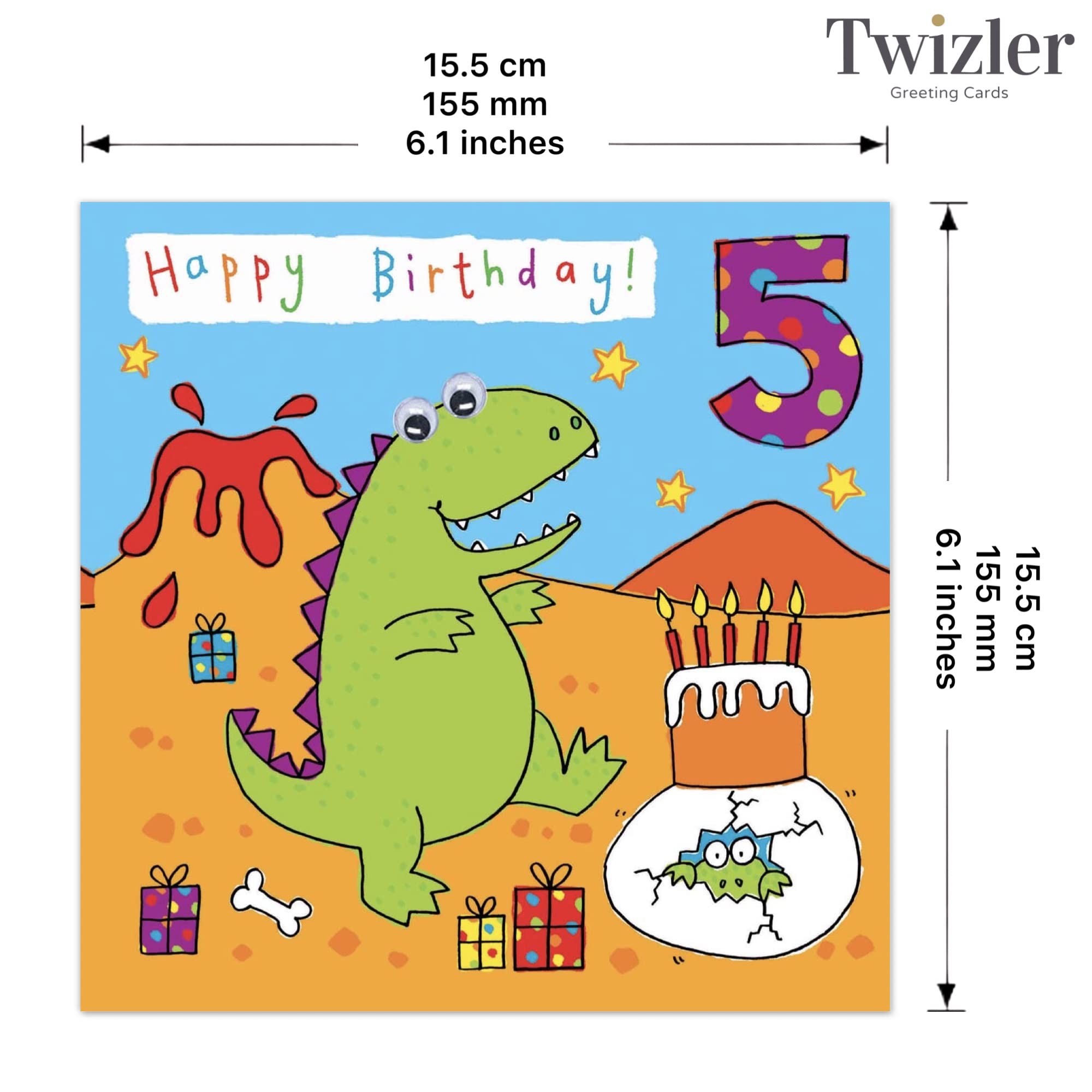 Twizler Dinosaur 5th Birthday Card - Fun Greeting Card for 5 Year Old Boys & Girls - Perfect for Birthday Parties, School Celebrations & Special Occasions