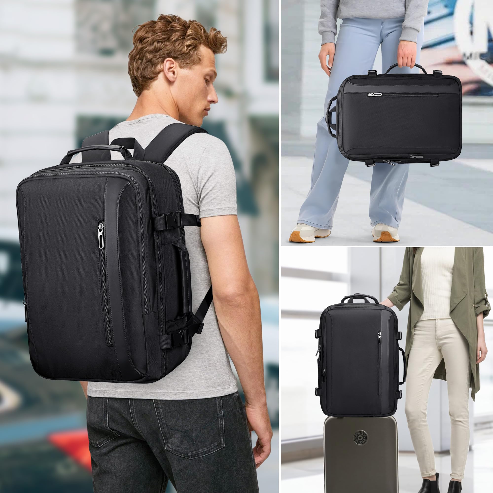 PIJUSHI Expandable 40L Travel Backpack for Women & Men - Flight Approved Carry On Backpack with USB Charging Port & 16 Inch Laptop Compartment (Black) - Perfect for Business Trips, Weekend Getaways & Airplane Travel