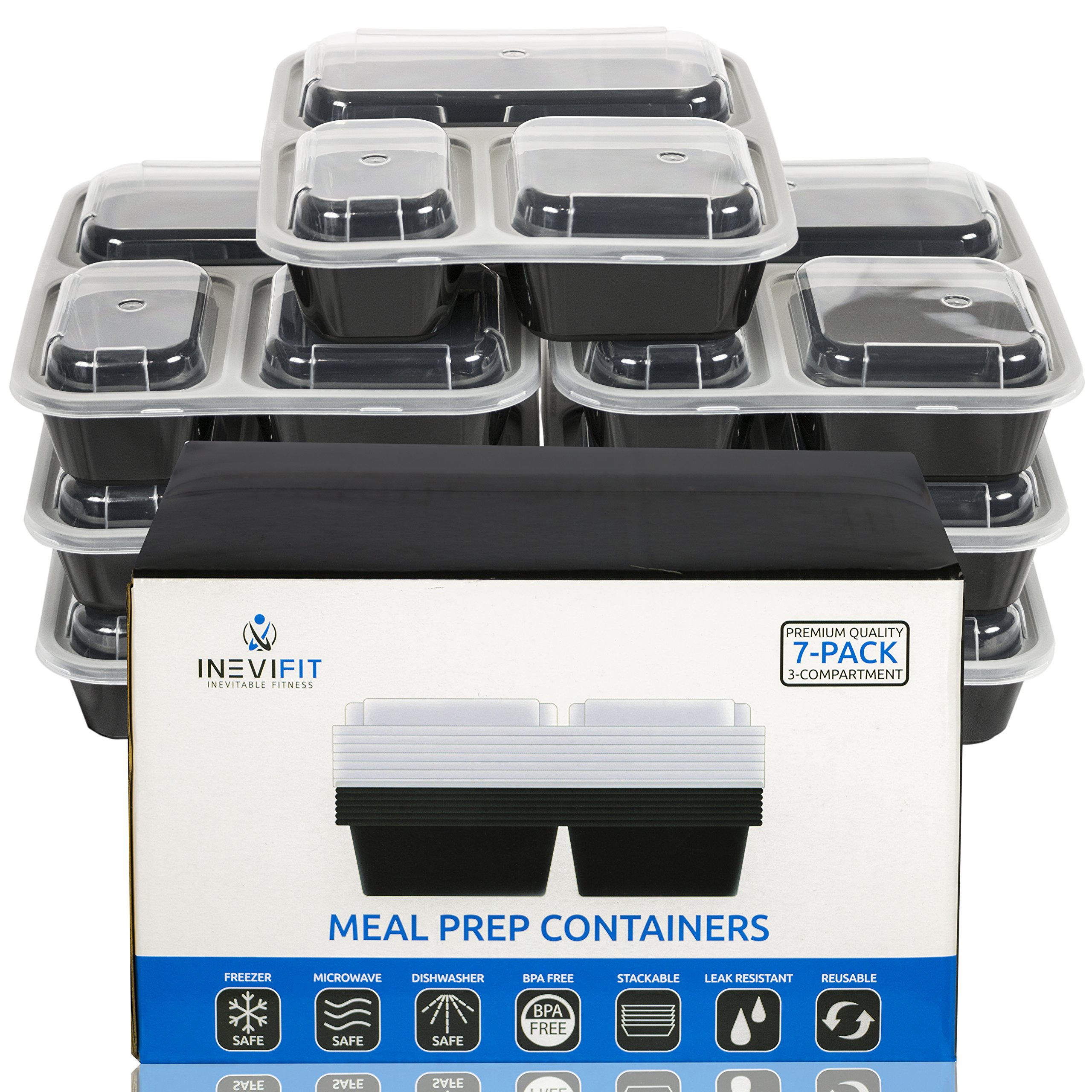 Inevifit 3-Compartment Bento Lunch Box - 36oz BPA-Free Meal Prep Containers (7-Pack) | Stackable, Microwave & Dishwasher Safe | Leak-Proof Food Storage for Work, School & Picnics