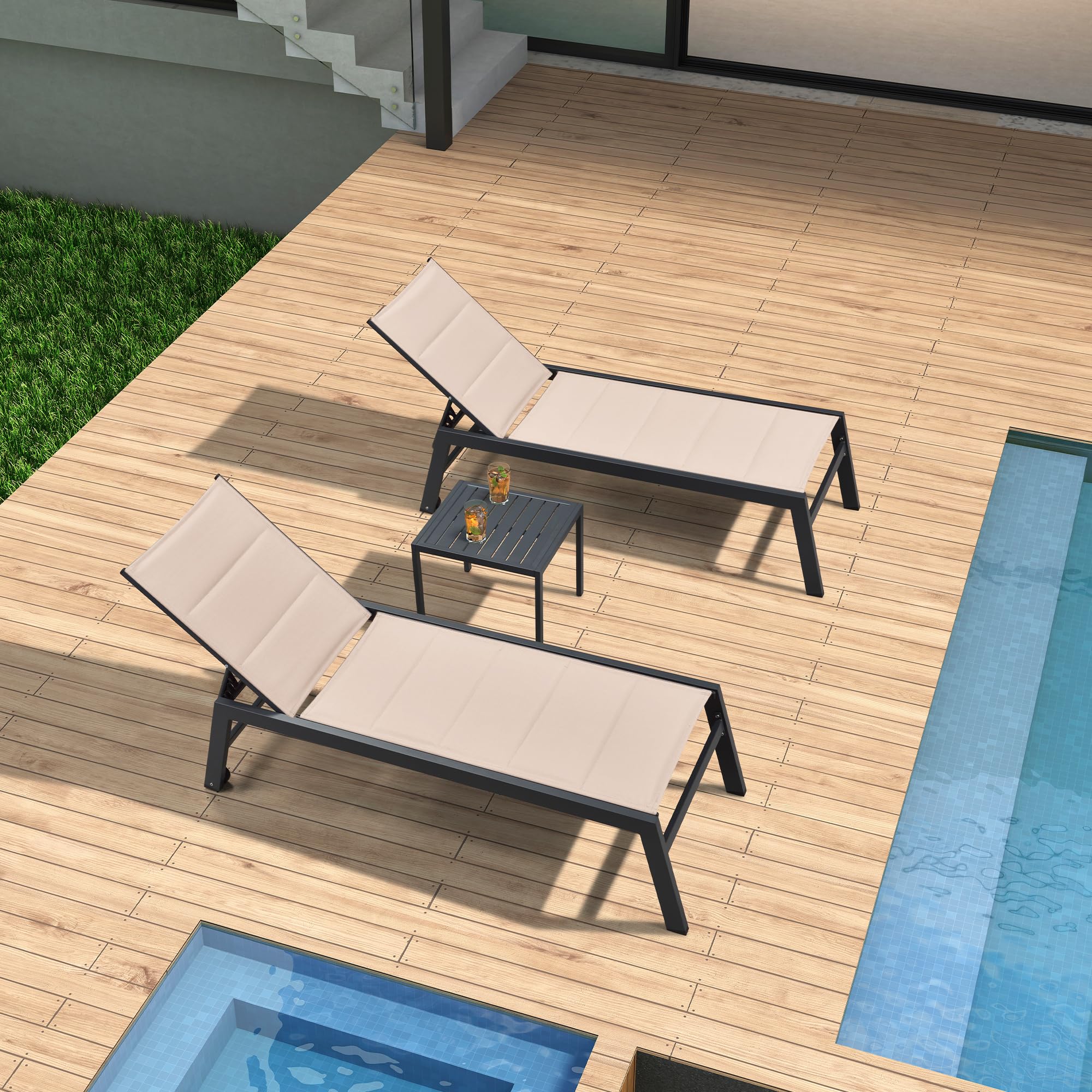 PURPLE LEAF 2-Piece Aluminum Outdoor Chaise Lounge Set with Wheels & Side Table - Beige Patio Chairs for Poolside, Backyard, Garden Relaxation | Durable Weather-Resistant Pool Lounge Furniture