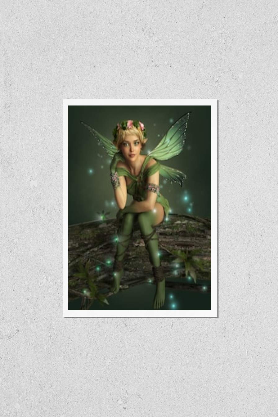 KwikMedia 3D Fairy Poster - Cheeky Winged Fairy with Wreath & Fireflies - Fantasy Wall Art for Bedroom, Nursery, or Office Decor