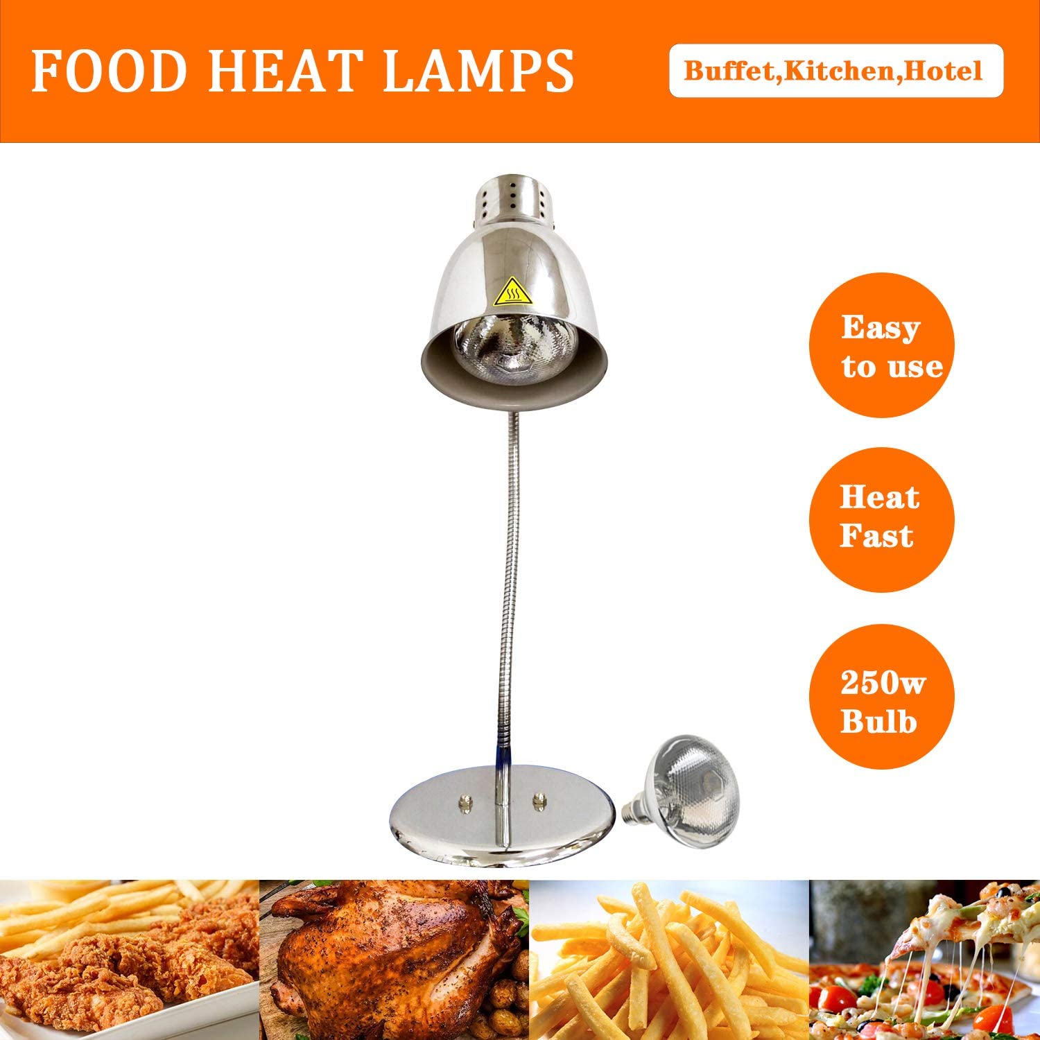 Commercial Food Heat Lamp with Bulb - 300W Stainless Steel Warming Light for Buffet, Catering, Restaurants & Parties - Keeps Fried Chicken, Pizza & BBQ Hot (Silver, Single Head) - Perfect for Food Displays, Events & Outdoor Dining