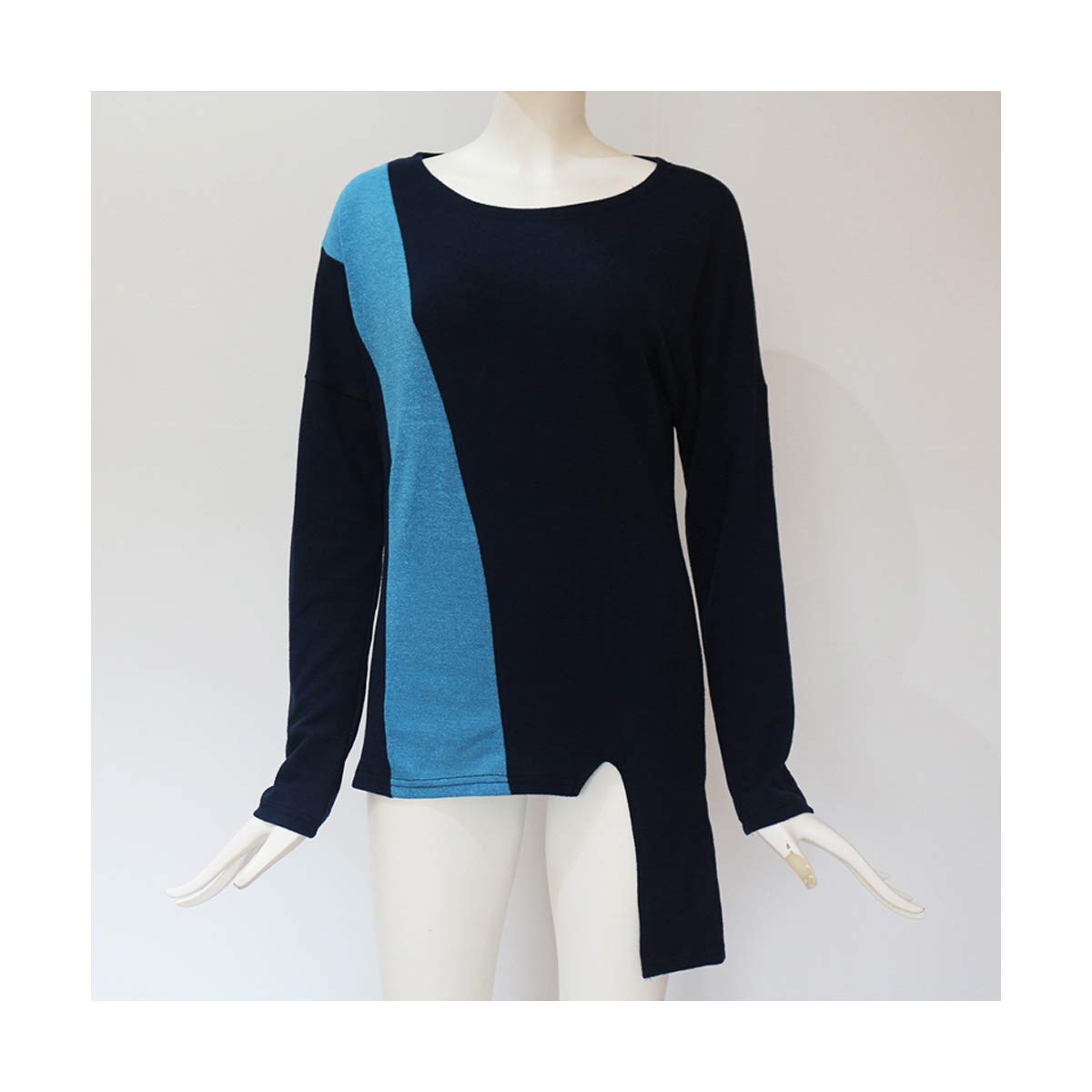 Women's Patchwork Long Sleeve Knit Blouse - Fashionable Loose Casual Top in Blue | Perfect for Office Wear, Date Nights & Fall Layering